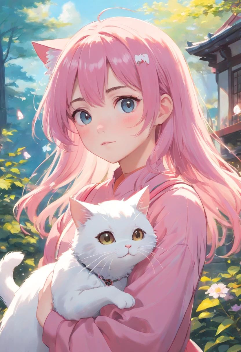 (best quality,4k,8k,highres,masterpiece:1.2),ultra-detailed,(realistic,photorealistic,photo-realistic:1.37),pink-haired girl and a white cat, artwork in Guweiz style, Guweiz at Pixiv and ArtStation, soft anime illustration, white-haired girl, beautiful anime girl, white-pink dress, Guweiz's signature detailed artwork, vibrant colors, dreamy atmosphere, delicate brushstrokes, ethereal lighting, whimsical and fantasy elements