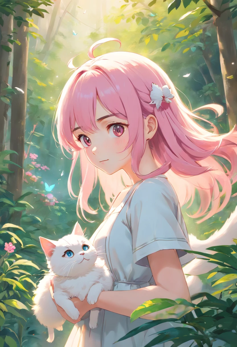 (best quality,4k,8k,highres,masterpiece:1.2),ultra-detailed,(realistic,photorealistic,photo-realistic:1.37),pink-haired girl and a white cat, artwork in Guweiz style, Guweiz at Pixiv and ArtStation, soft anime illustration, white-haired girl, beautiful anime girl, white-pink dress, Guweiz's signature detailed artwork, vibrant colors, dreamy atmosphere, delicate brushstrokes, ethereal lighting, whimsical and fantasy elements