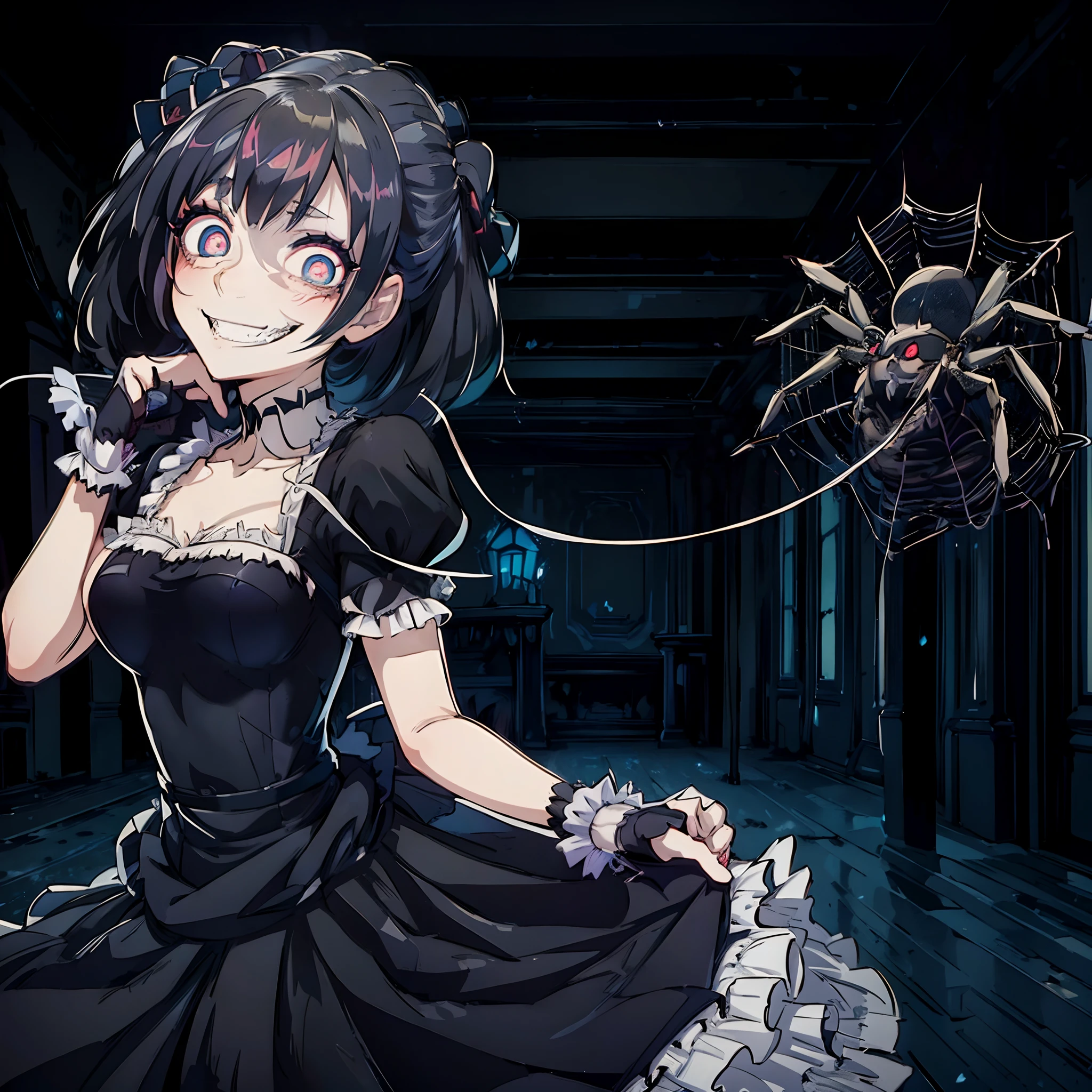 Woman in black dress. She looks like an anime. She wears a dress with frills. Woman fused with a spider. Crazy Eye Expression. She grins. Her eyes are shining. Inside a dark mansion. A thread stretches out of her hand. Her skirt becomes one with the floor.