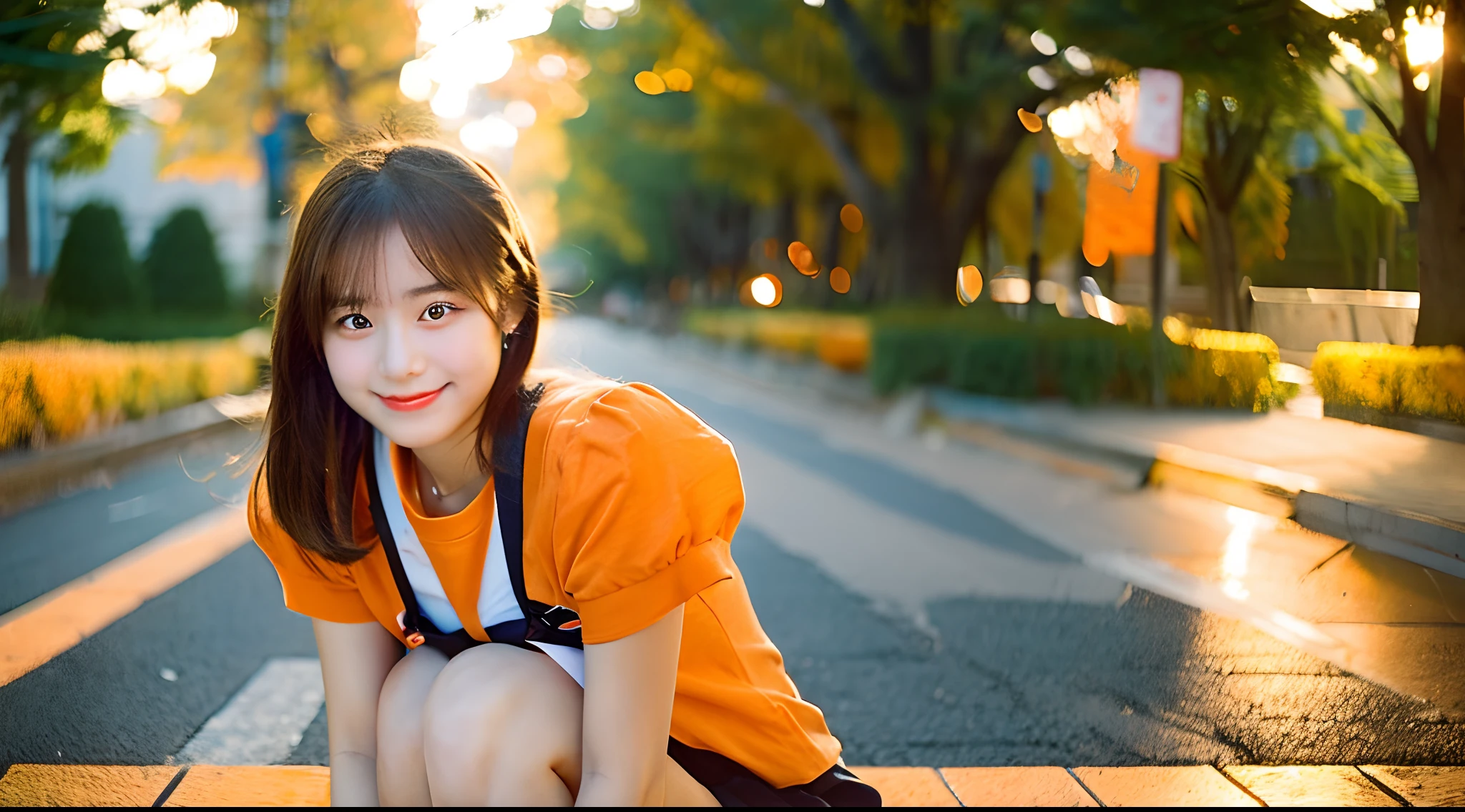 Cute 18-year-old female college student in orange miniskirt