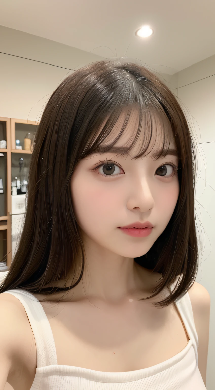 ((top-quality、8K、masterpiece:1.5))、One girl、(Unhealthy face)、(Letter to)、Blunt bangs、(Lots of bangs:1.3)、(full body Esbian:1.4)、(Symmetrical face)、hyperdetailed face、Ultra detailed mouth、A detailed eye、Detailed ears、Slim Faces、(selfee:1.3)、(off shoulders)、(Armpit)、(Looking Up)、(From above)、(Straight long hair、Ahoge:1.3)、(Upper Eyes)、the background is blurred、(White crop top:1.4)、lipgloss、(Beauty Salon)、(T back)、