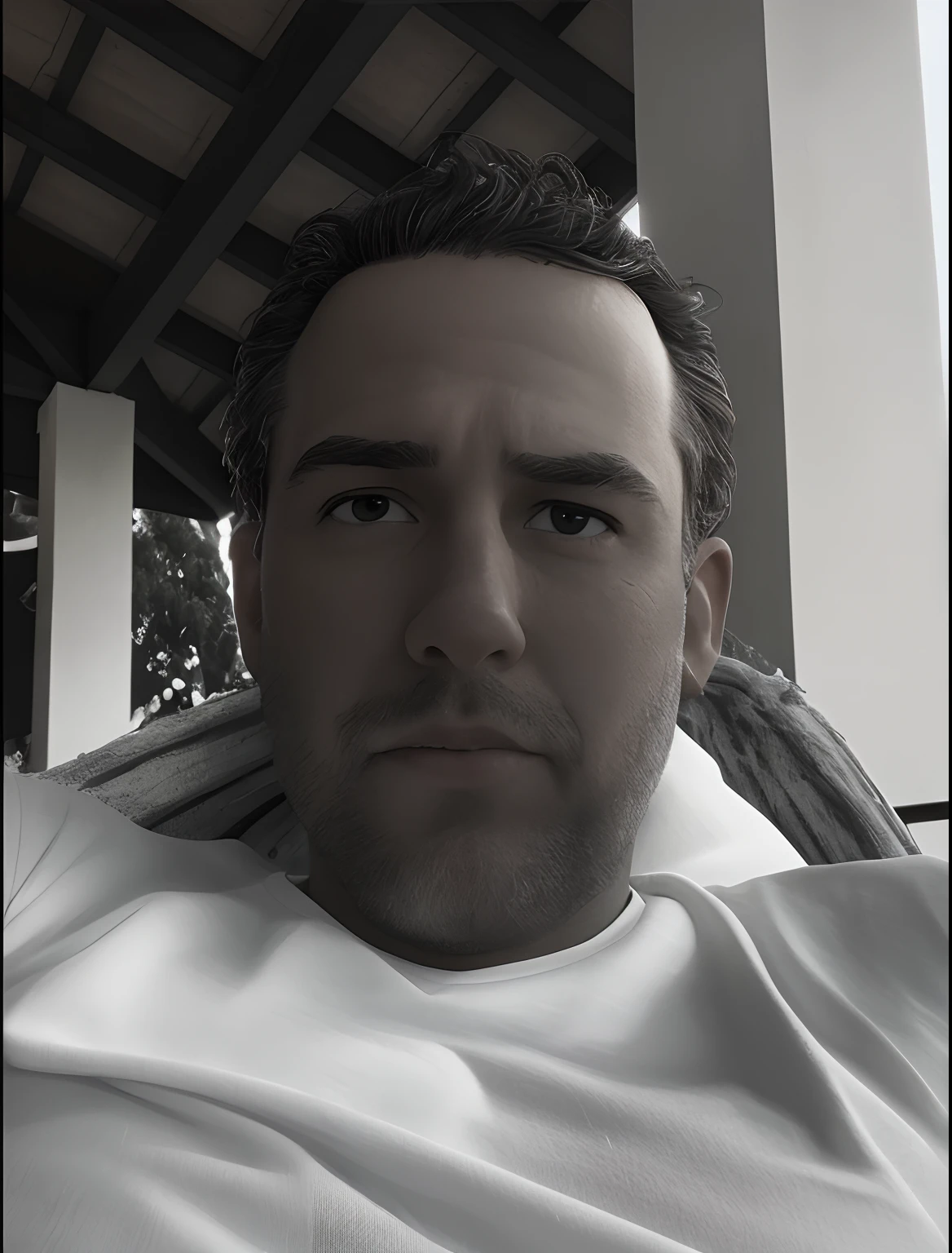 There's a man lying on a chair in a white shirt, david rios ferreira, relaxing after a hard day, looking intensely at the camera, gui guimaraes, taken in the early 2020s, Alexandre Ferra, inspired by Antônio Parreiras, andres rios, George Doutsiopoulos, imagem frontal, imagem de perfil