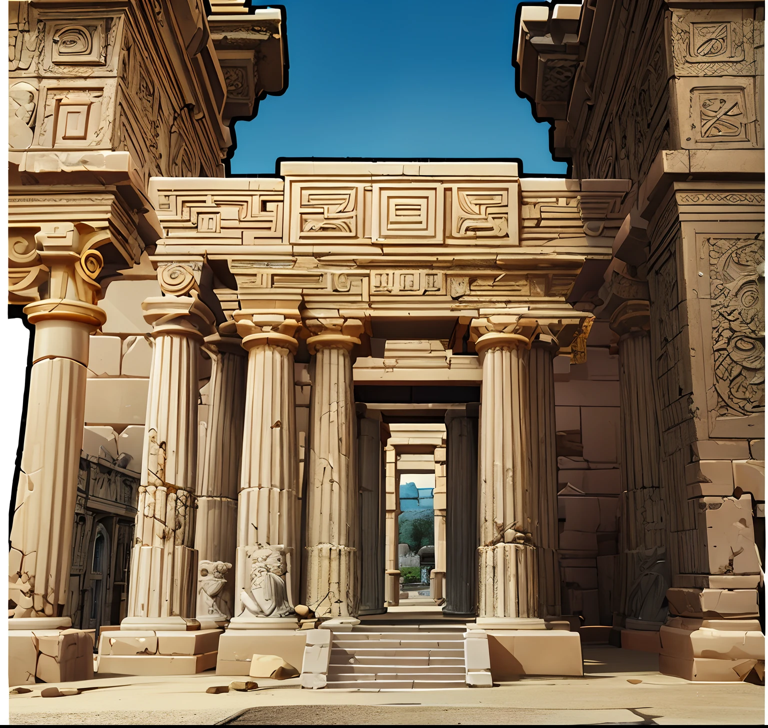 Cartoon image of a stone building with a blue door, Ancient temple, background depicting a temple, Temple background, monolithic temple, ancient ruins background, Greek temple background, ancient persian temple dungeon, Desert Temple, mysterious temple setting, palace background, Temple, Greek temple, ruined temple, castles and temple details, Detailed game art, lost temple, Ancient architecture, galactic temple