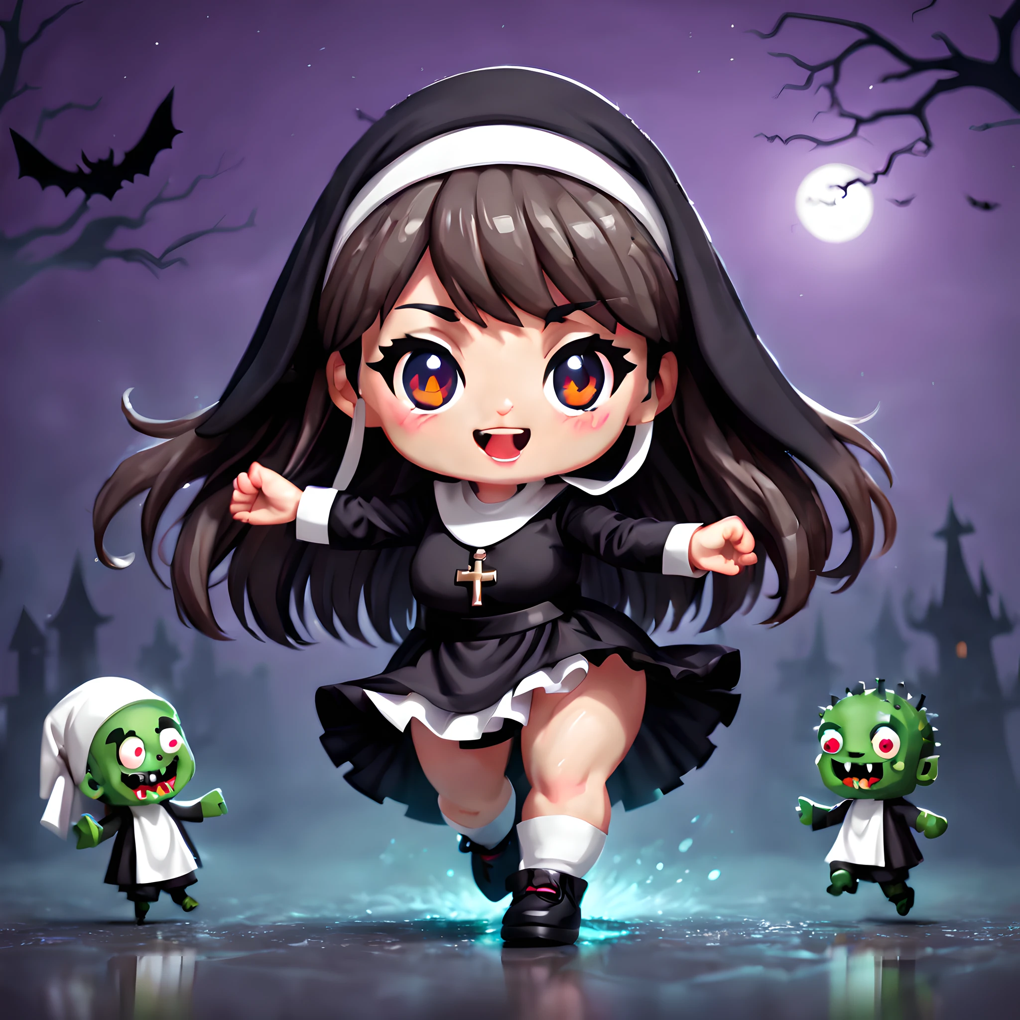 (Pixel art:1.5), (chibi emote:1.5), (chibi character:1.5), (halloween theme:1.5), (fantasy:1.5), (magical world:1.5), (fantastic halloween background:1.5), (halloween:1.5), (monsters:1.5), (halloween adventure:1.5), (nun costume:1.5), (dancing:1.5),