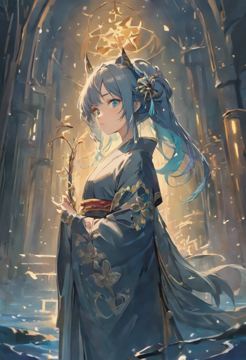 (best quality,4k,8k,highres,masterpiece:1.2),ultra-detailed,elf ears,beautiful blue eyes,long black hair,full body,kimono,mature,serious expression,magical ambiance,wisdom,woman,graceful pose,subtle background,soft lighting,sublime beauty,detailed facial features,dark colors,water