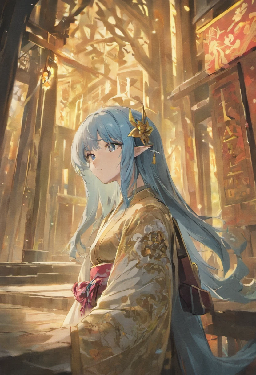 (best quality,4k,8k,highres,masterpiece:1.2),ultra-detailed,elf ears,beautiful blue eyes,long black hair,full body,kimono,mature,serious expression,magical ambiance,wisdom,woman,graceful pose,subtle background,soft lighting,sublime beauty,detailed facial features,dark colors,water