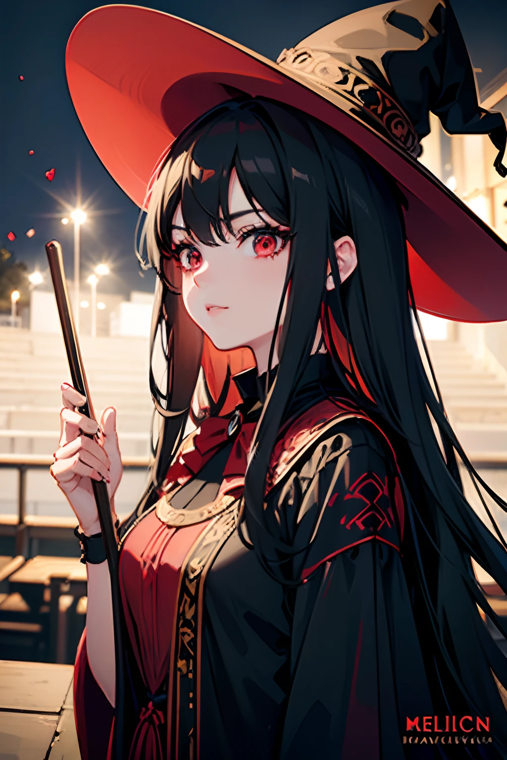 (a girl in a witch costume at the Melgar de la UNSA stadium wearing the red and black team shirt),anime girl,beautiful detailed eyes,beautiful detailed lips,extremely detailed eyes and face,long eyelashes,medium:anime style,illustration,dark and magical mood,wavy black hair,flying broomstick,foggy atmosphere,magical glow ,fantasy art,portraits,red and black color scheme,studio lighting,bokeh,playful expression,mystical surroundings.