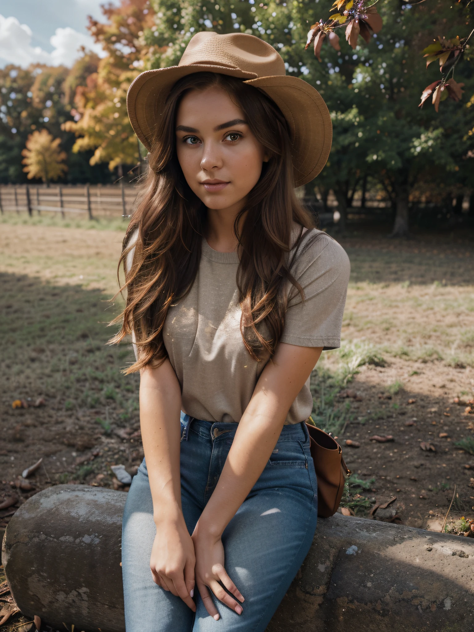 ung woman((full body, cheerful, arms down, looking at trees), (glittery eyes, 22 years old, European, chestnut hair, long hair:1.3) ((t-shirt, dark wash jeans) t-shirt, jeans, knee length sweater, leather boots, crossbody clutch, hat), (analog style), (realistic skin), (film grain:1.3), (best shadow, ray tracing, cinematic light, sidelighting), (warm hue, warm tone) :1.2), (fall, autumn, outdoors (day), farm, shadows, partly cloudy sky, contrast), RAW, masterpiece, best quality, ultra-detailed, beautiful face, attractive girl, attractive woman, beautiful brunette woman, beautiful brunette girl, attractive female, brunette woman, gorgeous female, soft portrait shot 8 k, solo, close up, ultra high res, photograph, ultra high res