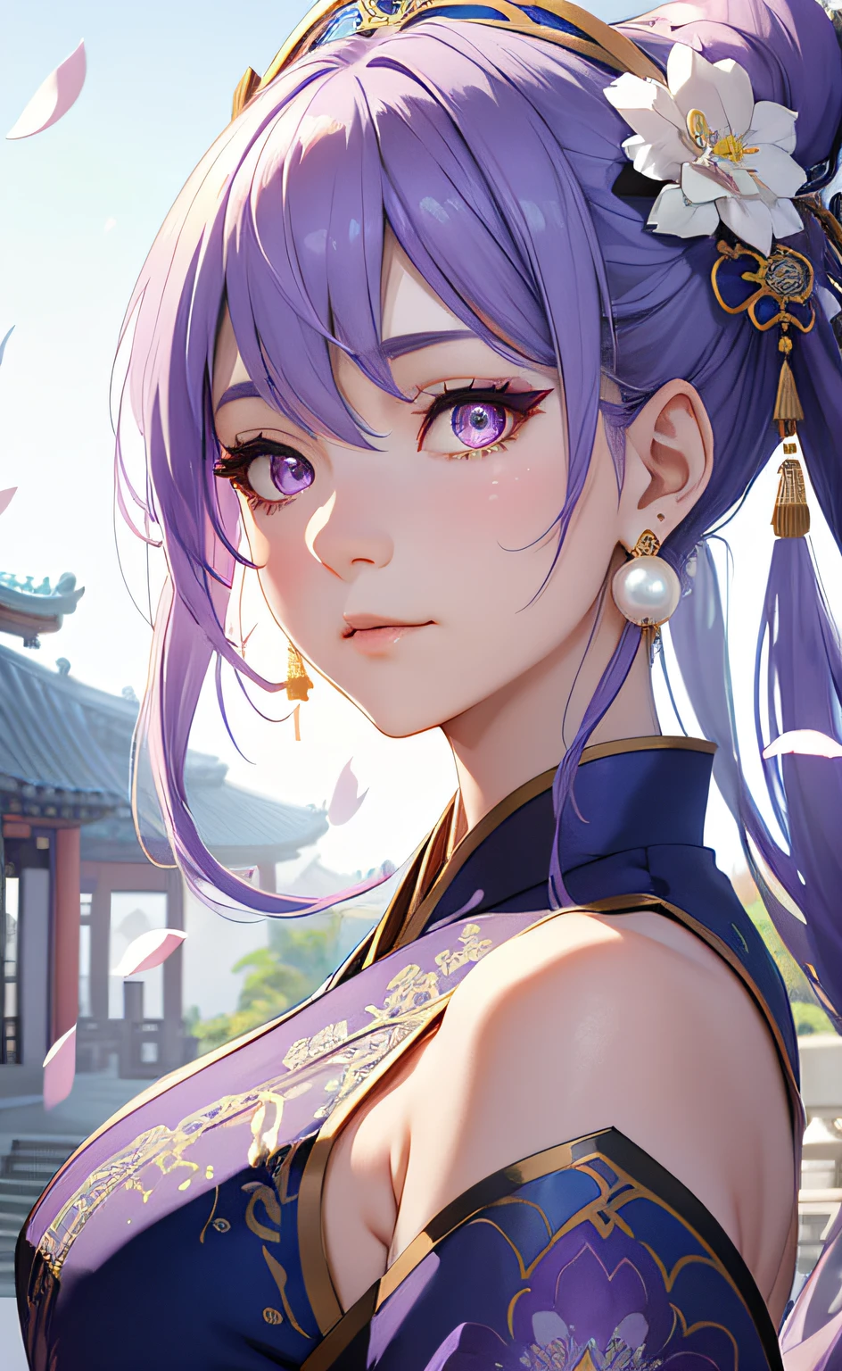 Mature girl, purple eyes, blue-white hair color, floating hair, delicate and flexible eyes, intricate damask hanfu, gorgeous accessories, wearing pearl earrings, fov, f/1.8, masterpiece, ancient Chinese architecture, blue sky, flower petals flying, front portrait shot, Chang'e, side lighting, sunlight on people, 8K