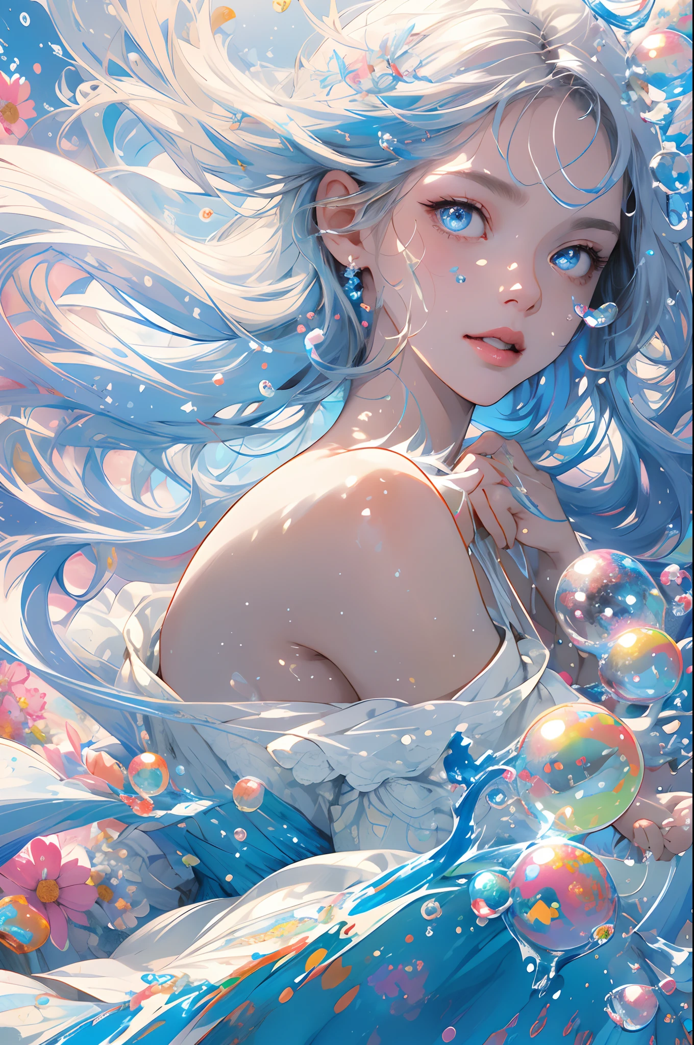 (masterpiece), (highest quality), (Super detailed), (Disheveled Hair), (figure), (One Girl), (Fashionable clothes), Are standing, Fashion Model, Beholder, (interview), (Simple Background), Beautiful and beautiful eyes, Delicate and beautiful face, floating, (High chroma), (Colorful Splash), Colorful Bubbles, (Shine), Focus on the face, ponytail, Light blue hair, bangs, Hair Ring, floating Flowers, floating Hairs, (The Shining), Best lighting, Best Shadow,  Big firm bouncing Breasts