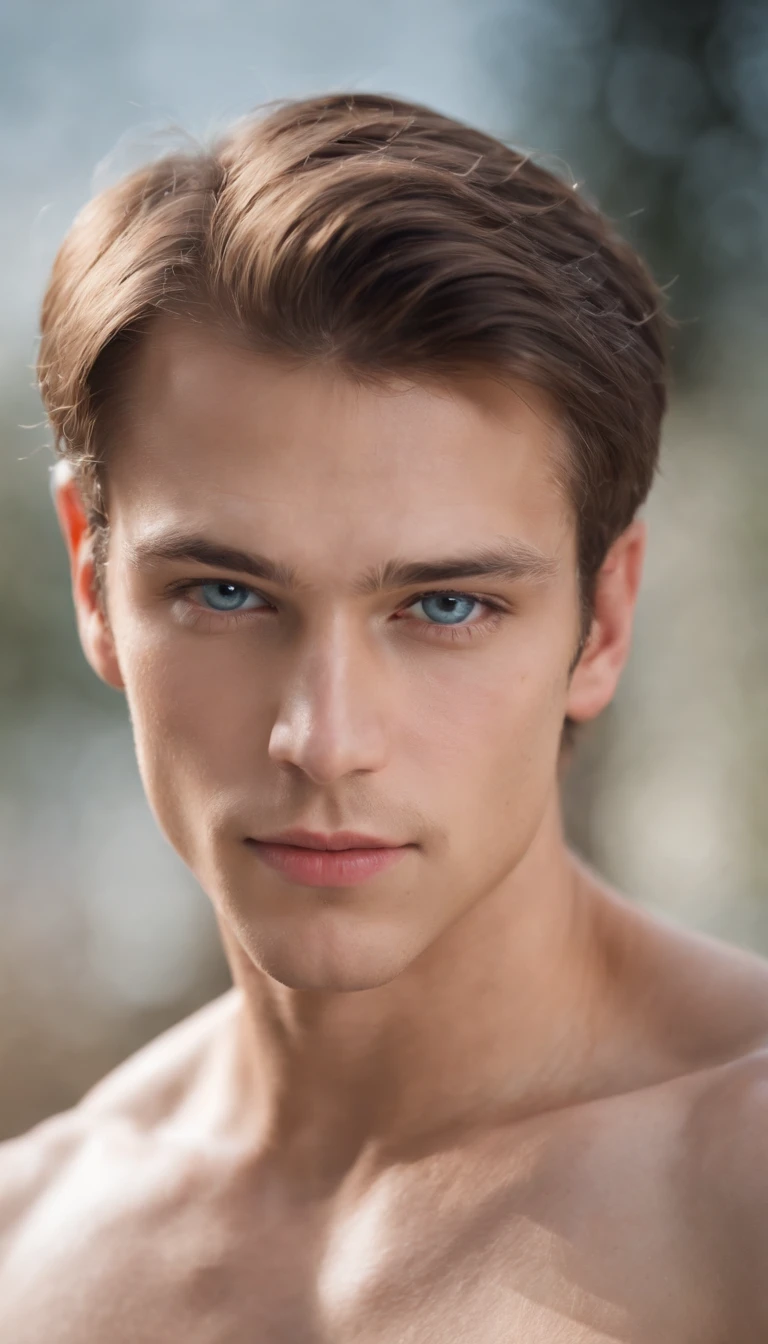 Portrait of a handsome male model, 16 years old, Shirtless, utterly naked., no beard, It has sloppy dark wavy hair., Super light blue eyes., Thick lips, Nominal muscles, fit, Torn body, mid shot, ultra highest detailed face, Darmatic lighting, dim lighting