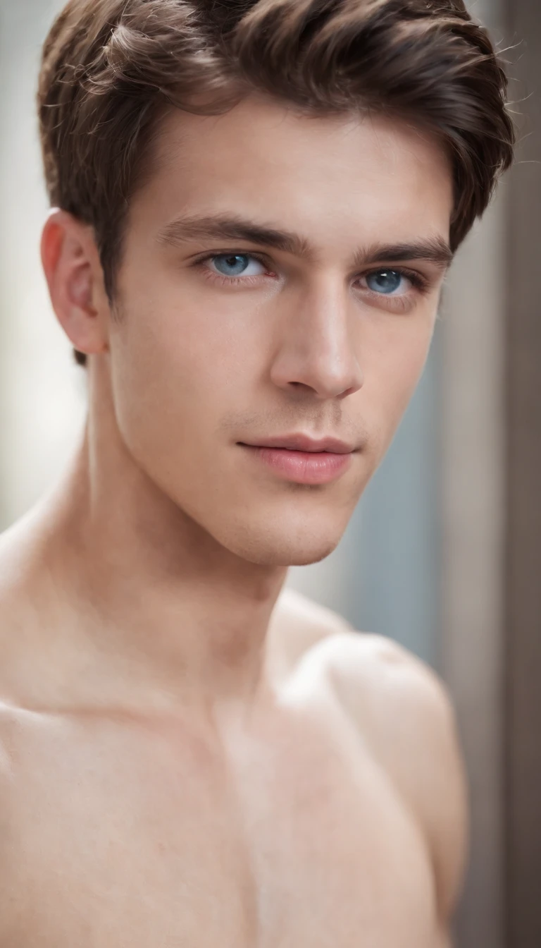 Portrait of a handsome male model, , Shirtless, utterly naked., no beard, It has sloppy dark wavy hair., Super light blue eyes., Thick lips, Nominal muscles, fit, Torn body, mid shot, ultra highest detailed face, Darmatic lighting, dim lighting