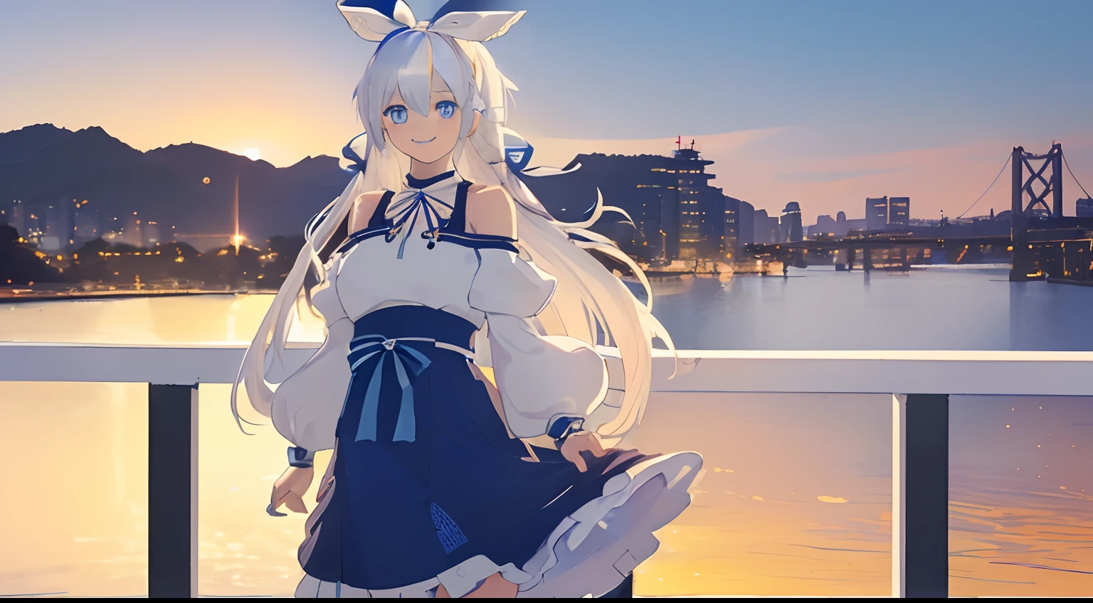Chica anime, ((Masterpiece), (Best Quality)) (super detailed), ((((solo)))), fullbody, ((((white hair)))), long hair, ((((blue hairribbon)))), ((((blue eyes)))), smile, 18yo, Cold-Shoulder Sleeves, (((sweater))), mini skirt, sleeves_past_wrists, sunset, cafe, in the tokyo, autumn