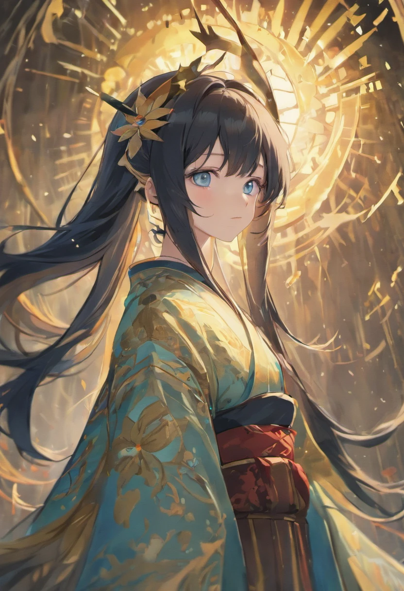 (best quality,4k,8k,highres,masterpiece:1.2),ultra-detailed,elf ears,beautiful blue eyes,long black hair,full body,kimono,mature,serious expression,magical ambiance,wisdom,woman,graceful pose,subtle background,soft lighting,sublime beauty,detailed facial features,dark colors,water, long black hair,
