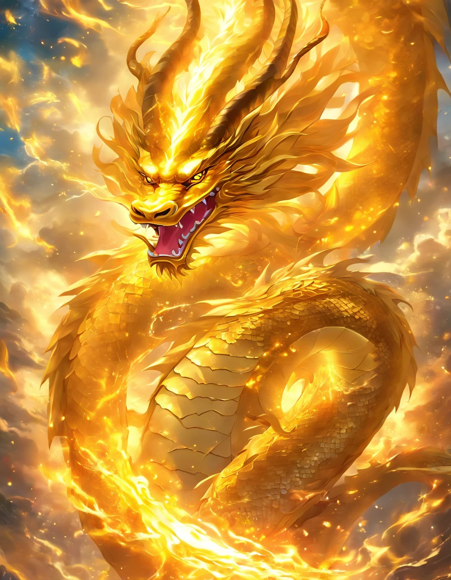 「Make an illustration of the golden dragon god。Long as a snake、Heading Up、Shōryū、Sunny sky、spiritual、Spirit、chakra、Spiritual world、Fantastical」