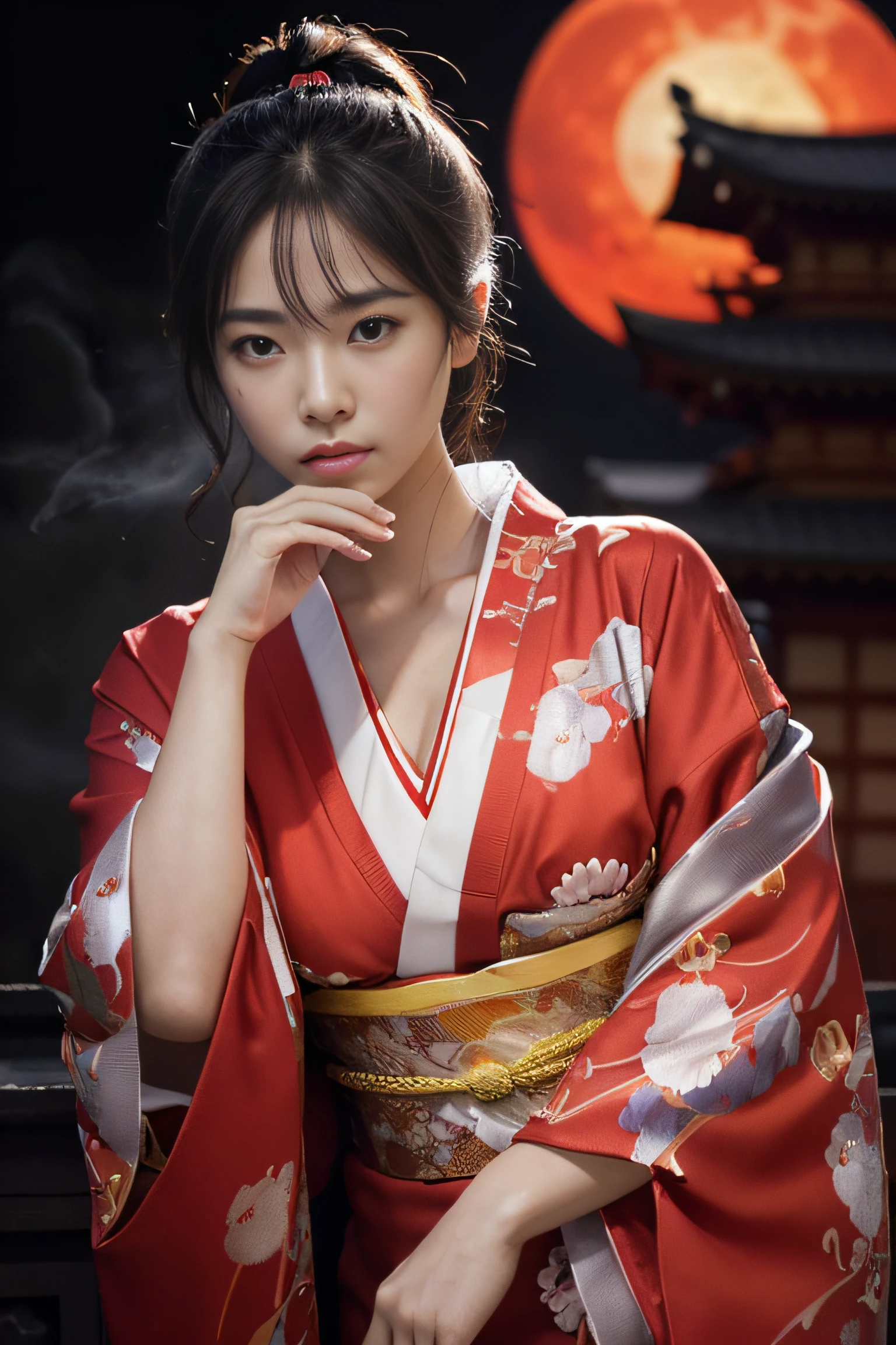 (masterpiece:1.2), ultra detailed, ultra high res, (realistic, photo realistic:1.37), high detail RAW color photo, professional photograph, an extremely delicate and beautiful, extremely detailed, 8k wallpaper, Amazing, finely detail, huge file size, extremely detailed beautiful girl, extremely detailed face, extremely detailed eyes, extremely detailed skin, extremely detailed fingers, highly detailed nose, highly detail mouth, Perfect Anatomy, Highly detailed background, (a famous actress of Japan:1.2), (gals:1.5), (flat chest), (brown race, dark skin:1.2), reflection, (any pose), (kimono:1.2), (traditional architecture, night, red moon, fog, silhouette, expressionless, ghost, red fire, fantasy:1.4), high contrast,