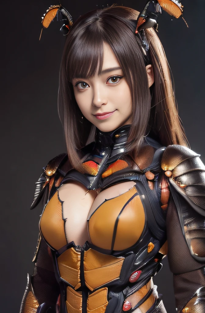 (high resolution,masterpiece,best quality,extremely detailed CG, anime, official art:1.4), realistic, photo, amazing fine details, all intricate, gloss and shiny,awesome many layers, 8k wall paper, 3d, sketch, kawaii, illustration,( solo:1.4), perfect female proportion,villainess, (fusion of dark brown cockroach and lady:1.4), (brown cockroach form lady:1.2), (brown cockroach lady:1.2), (fusion:1.2), (solo:1.4), (evil smile:1.2), muscular, abs, (cockroach brown exoskeleton bio insect suit:1.4), (cockroach brown exoskeleton bio insect armor:1.2), (brown transparency cockroach wing:1.4), (brown cockroach antennae:1.3),