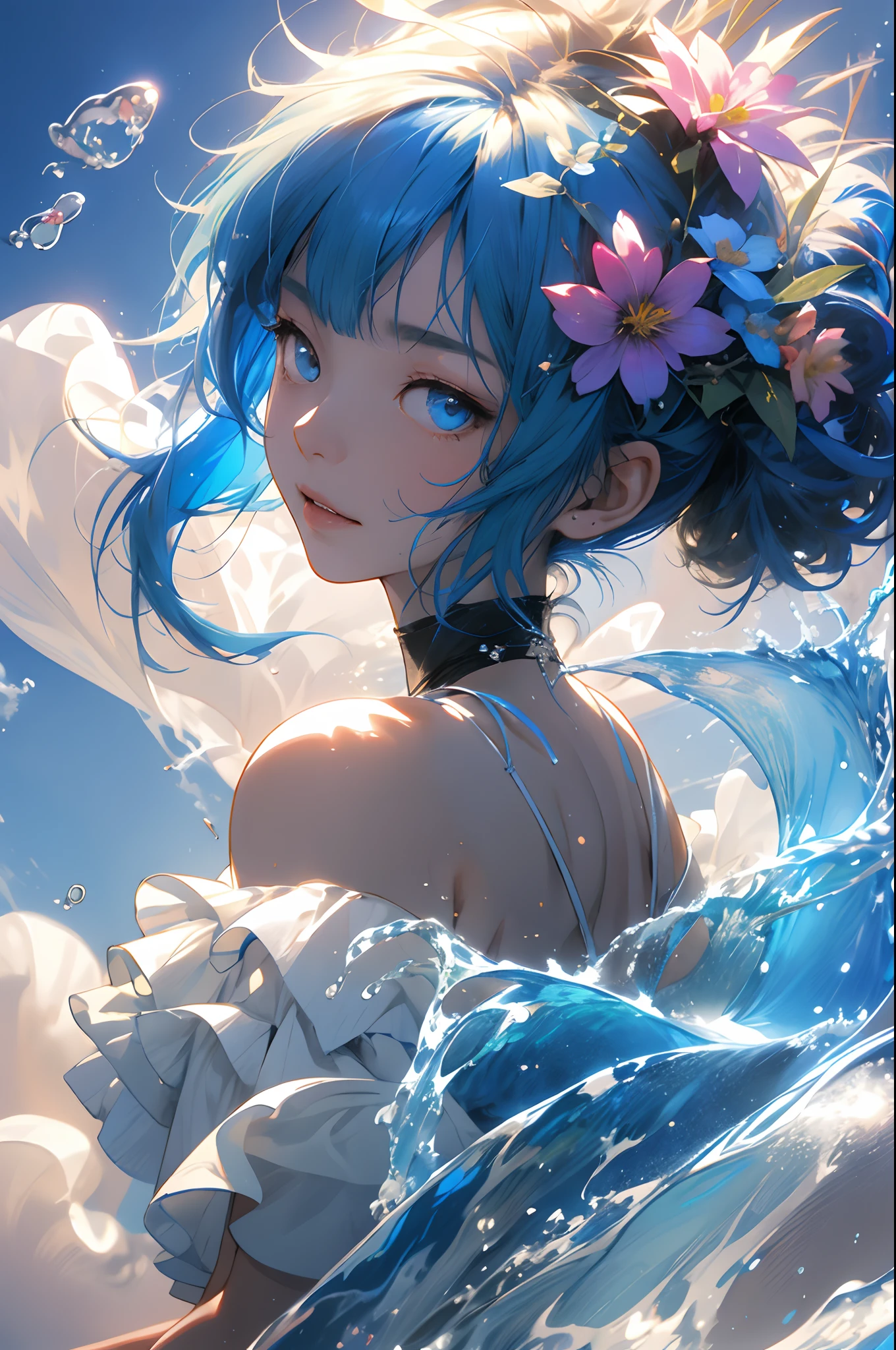 4K,8K,(Masterpiece), (Best quality), (Super detailed), (Disheveled hair), (illustration), (Cat-eared girl), (Fashionable clothes), standing, Fashion model, looking at viewert, (interview), (Simple background), beautidful eyes, Delicate beautiful face, Floating, (High saturation), (colorful splashs), colorful bubble, (brilliance), focus onface, pony tails, Ayaka Kamisato, Light blue hair, bangs, Hair ring, Floating flowers, Floating hair, (Shining), BEST lighting, Best shadow, swim wears,