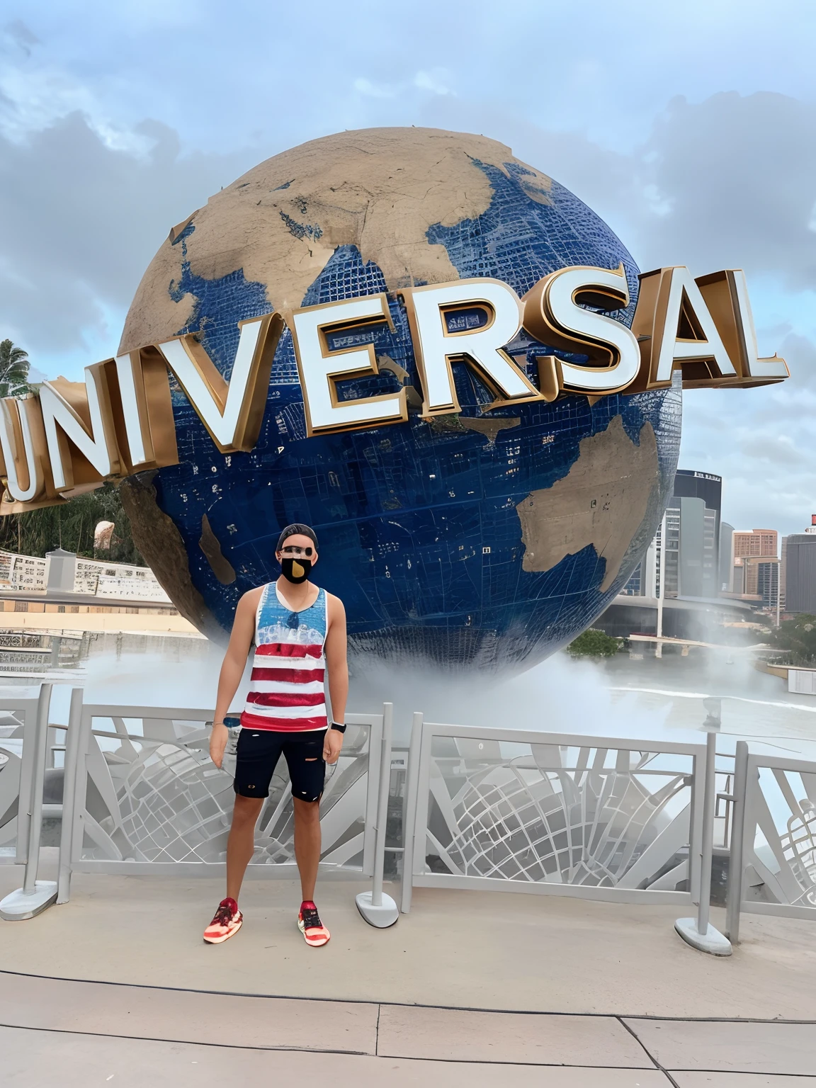 arafed man standing in front of a large sign that says universal, usa-sep 20, universal background, photo from 2022, universal shadowing, vacation photo, taken in 2 0 2 0, with earth in the background, universal, jungles in the background, river in front of him, taken in 2022