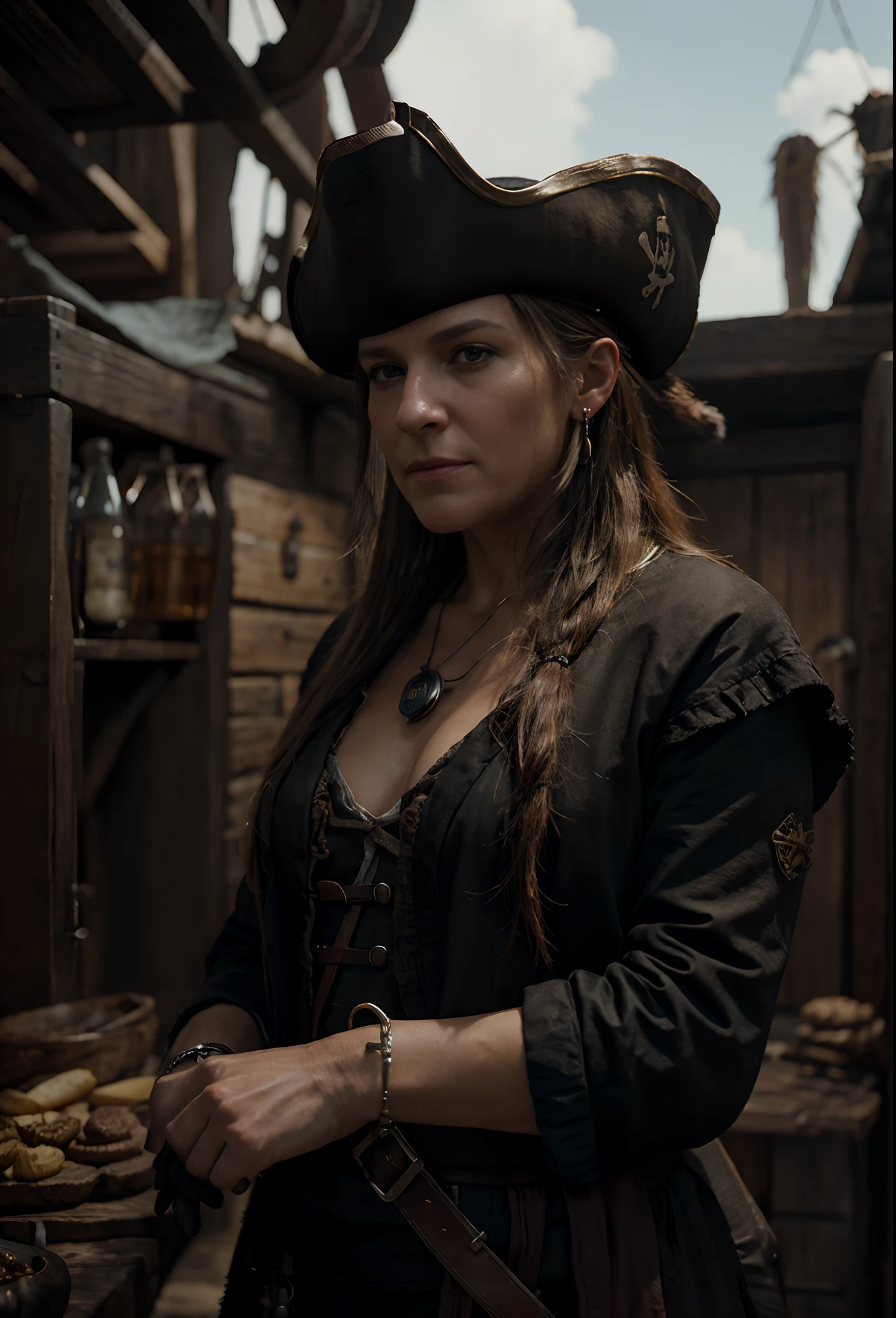 Ultra realistic, photorealistic, cinematic realism, unreal engine, very old female, old female pirate captain with black gloves standing in a pirate tavern fantasy style Caribbean, DnD