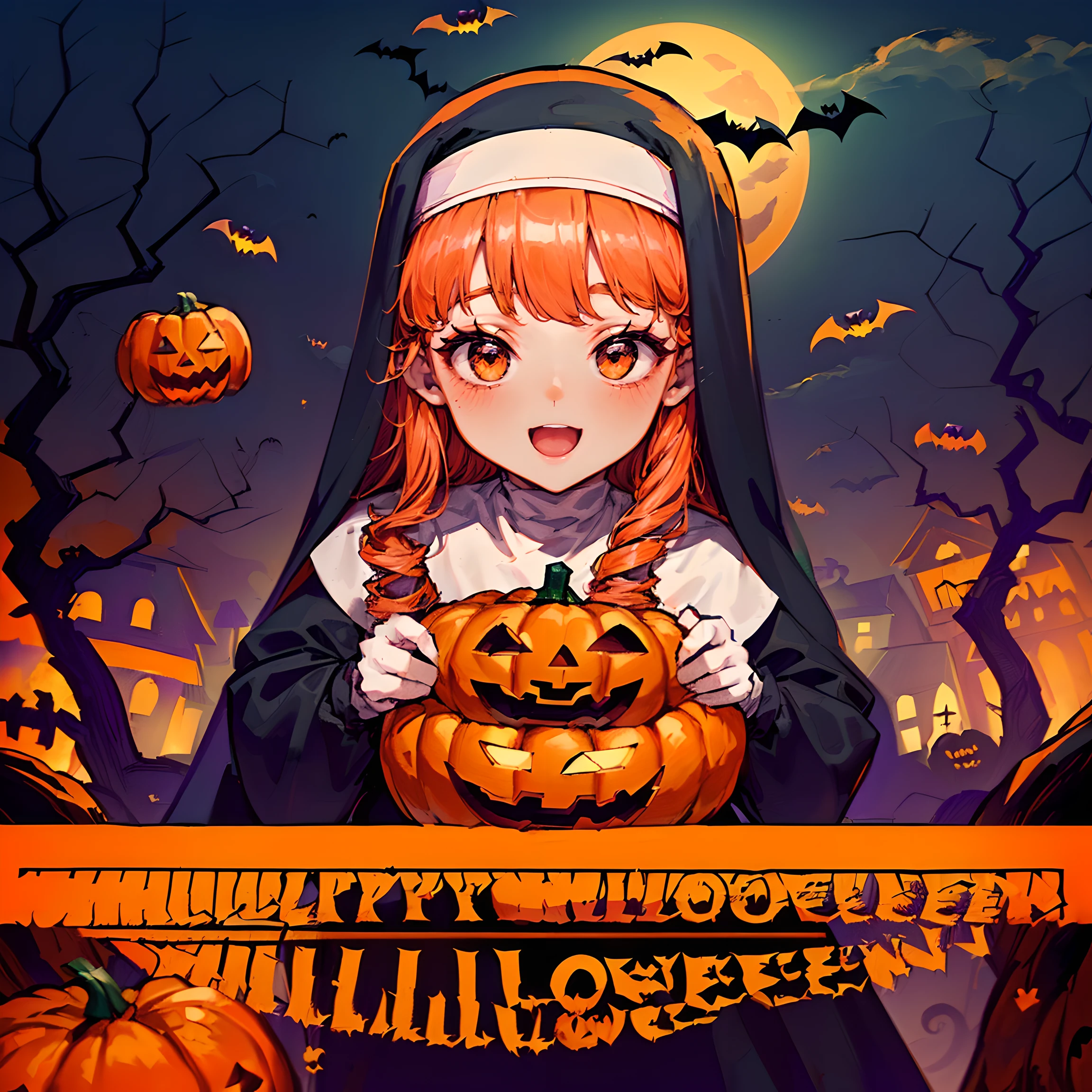 (Halloween theme:1.5), (magic:1.5), (fantasy:1.5), (centered image:1.5), (dark night sky:1.5), (cloud:1.5), (chibi emote:1.5), (chibi character:1.5), (Halloween tea party:1.5), (pumpkin monster:1.5), (cute ghost:1.5), (medusa:1.5), (mummy:1.5), (orange theme clothes:1.5), (nun:1.5), (trick or tree:1.5), (happy halloween:1.5), (orange theme:1.5), (many monsters and people:1.5), (halloween city scape:1.5),
