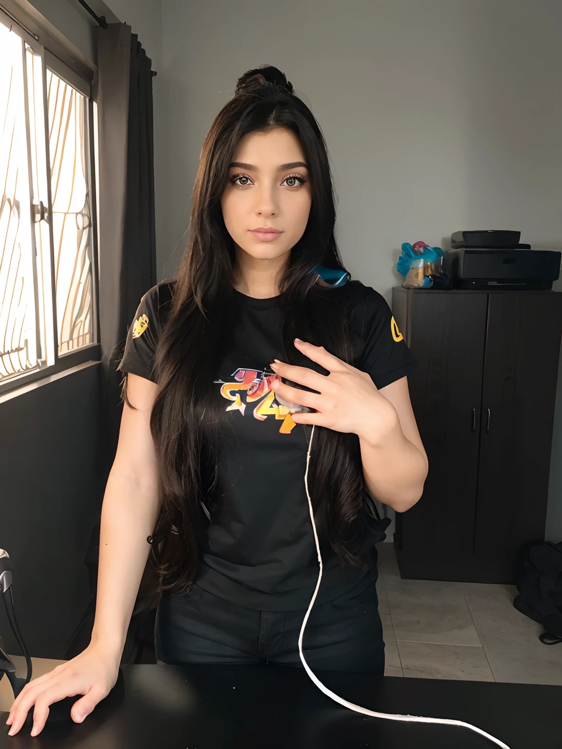 mulher, cabelo longo preto com as pontas castanhas, olhos castanhos escuro, pele branca, estilo Disney Pixar style