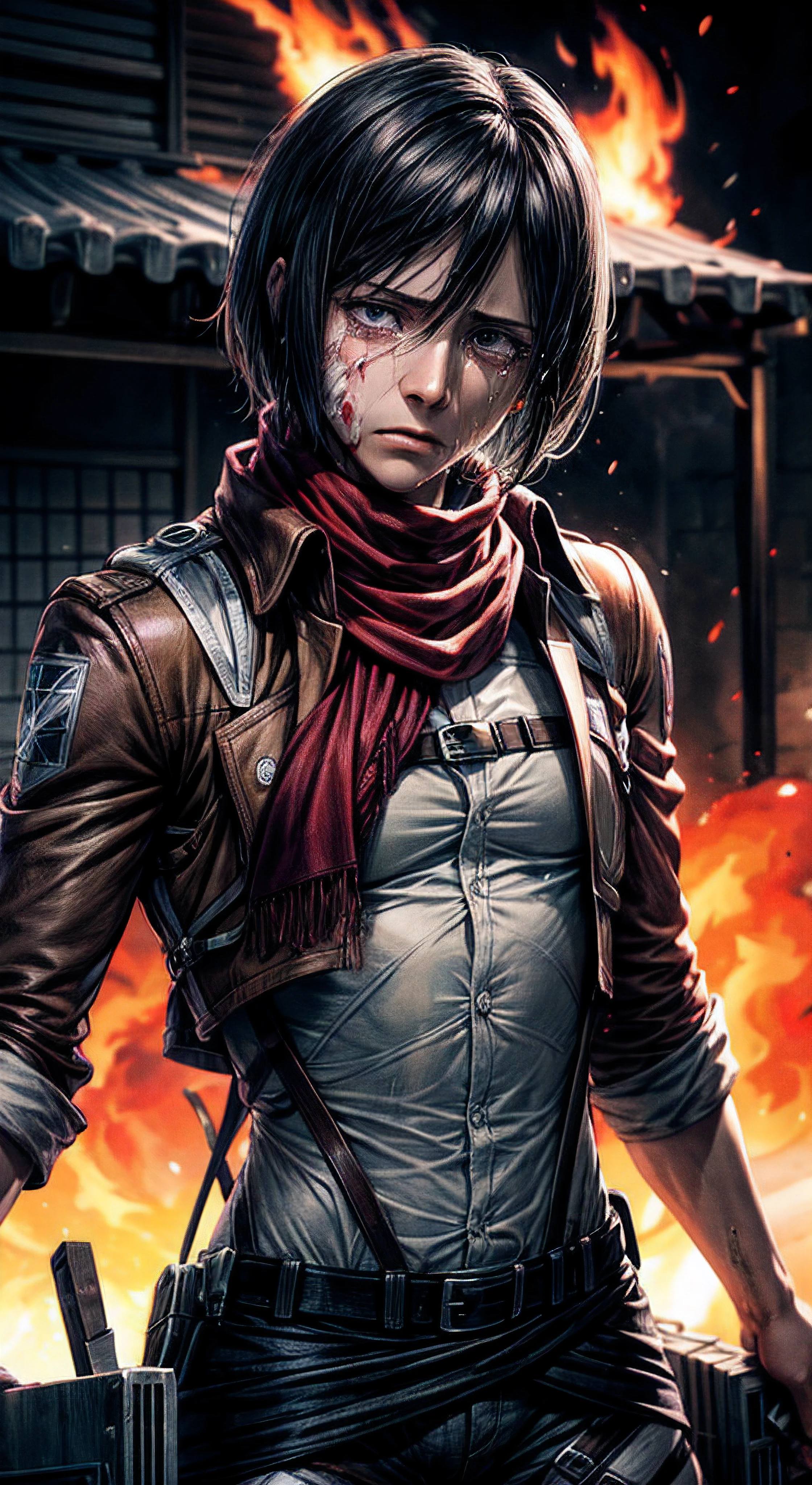 (masterpiece), (hyper realistic), Attack on Titan, half body shot, Mikasa Ackerman, Crying, sadness, Tears, A maroon scarf around his neck, blood stains on his face and clothes, dinamic lighting, dramatic fire background