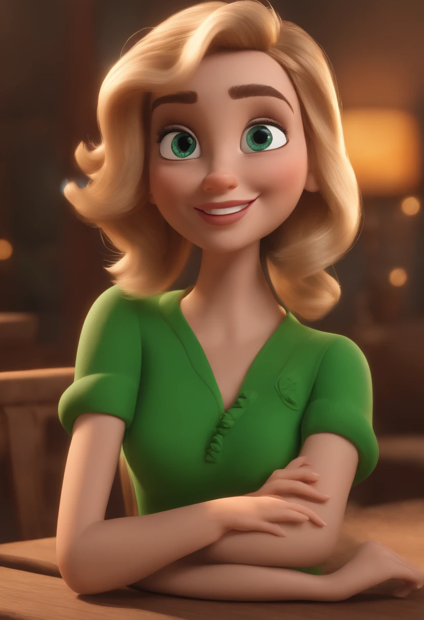 Personagem dos desenhos animados de uma mulher com uma camisa verde, blond hair animation character, Caractere estilizado, animation style rendering, 3D estilizado, Arnold Maya render, 3 d render stylized, toon render keyshot, Personagem 3D, Personagem 3D, 3d rendering stylized, 3 d character render, personagem de desenho animado, Personagem de close up, Pose de personagem, (Estilo Pixar) (master part:1.2) (Bokeh) (best quality) (pele detalhada) (textura detalhada) (8k) (argila) (Cinematic lighting) (foco nítido