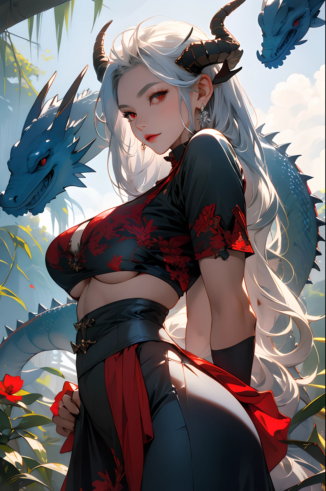 masterpiece, best quality, high_resolution, finely detailed, extremely detailed and beautiful, distinct_image, 1 girl, solo, from below, silver hair, red eyes, dragon horns, (huge ), (underboob), outdoor, plants, botanical garden, dolphinshorts, arms behind back