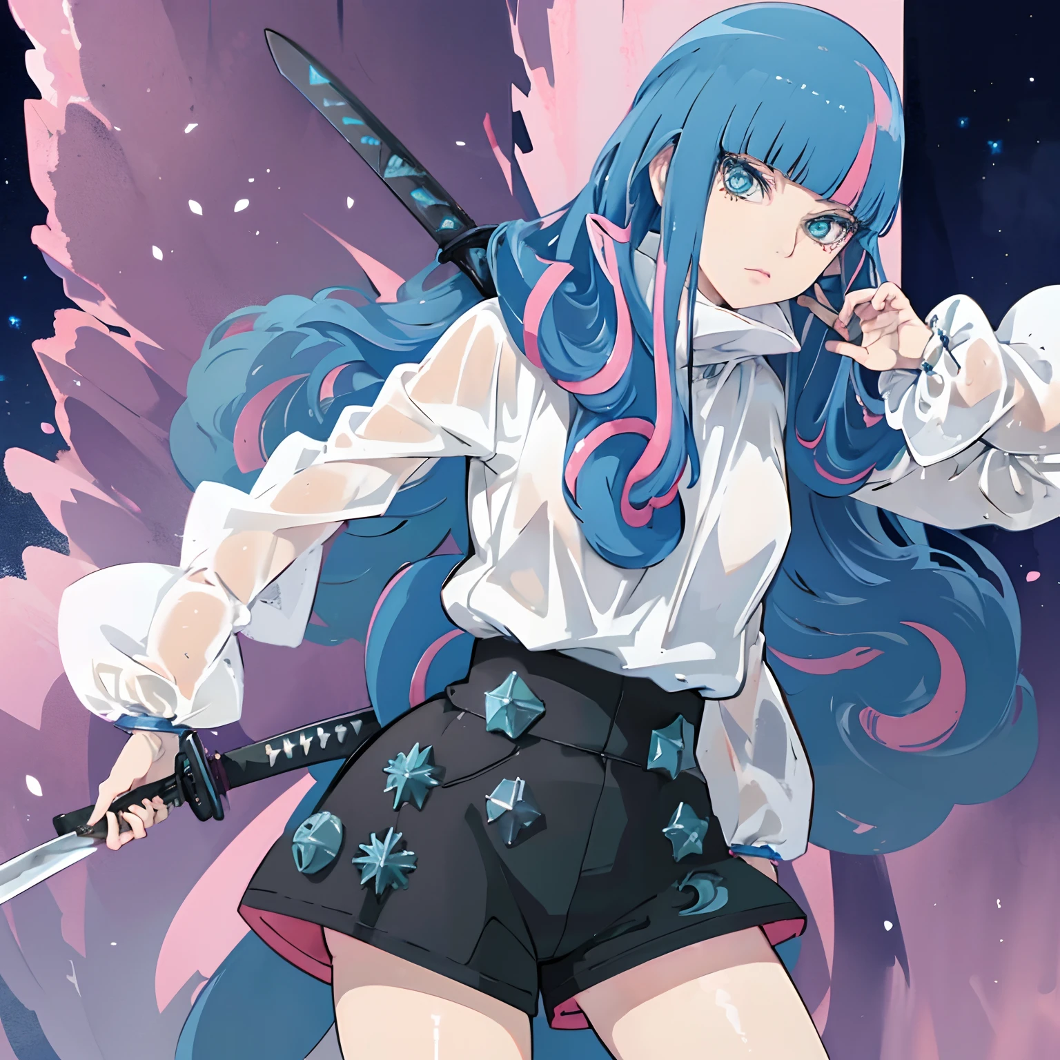 anime girl with long blue hair with loops on the tips and pink streaks, holding a sword and wearing a white long-sleeved turtleneck shirt with bishop sleeves, dark shorts with patterns of blue stars, holding a sword on her shoulder, she is holding a sword, beautiful sword, with large sword, detailed anime art, detailed key anime art, she is holding a katana sword, badass anime 8 k, long sword in her hand, holds a black sword,