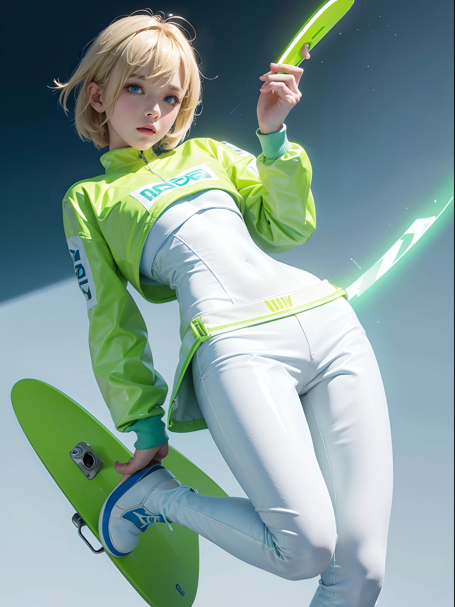One girl, alone, White Background, Wattson, masterpiece, Very detailed, blue eyes, Blonde, short hair, Fluorescent green jacket, Rubber Gloss, White rubber skin suit, Yellow skateboard shoes, White pants, blush, Plain background