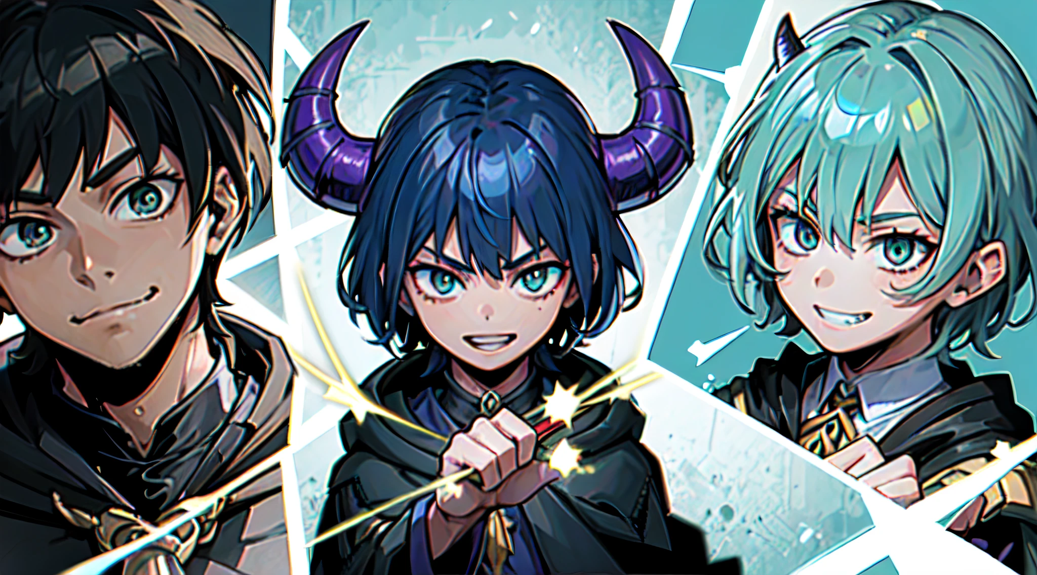 top-quality、​masterpiece、Boy with short purple hair、Green eyes、demonic horns、A smile、Harry Potter's black-robed outfit、Magic Battle Pose、Thumbnail image、The background is solid blue.