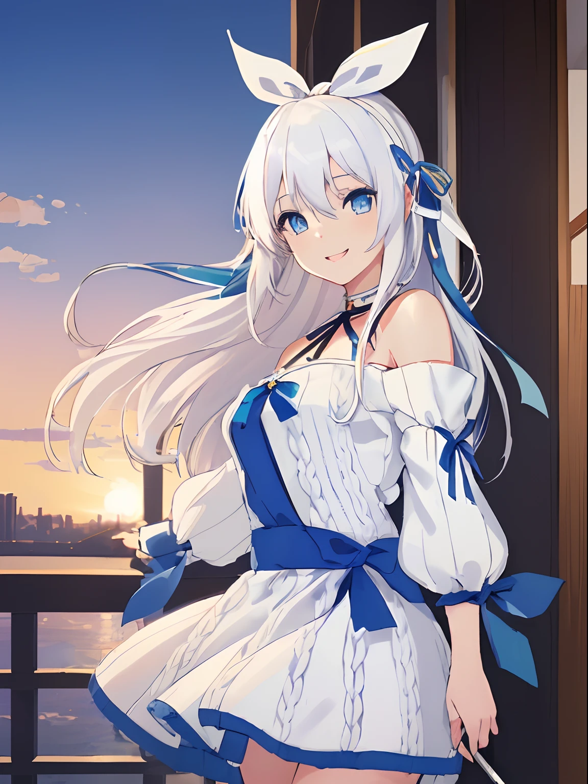 Chica anime, ((Masterpiece), (Best Quality)) (super detailed), ((((solo)))), ((((white hair)))), long hair, ((((blue hairribbon)))), ((((blue eyes)))), smile, 18yo, Cold-Shoulder Sleeves, (((knit))), Hip Length, mini skirt, sleeves_past_wrists, sunset, cafe, in the tokyo, autumn