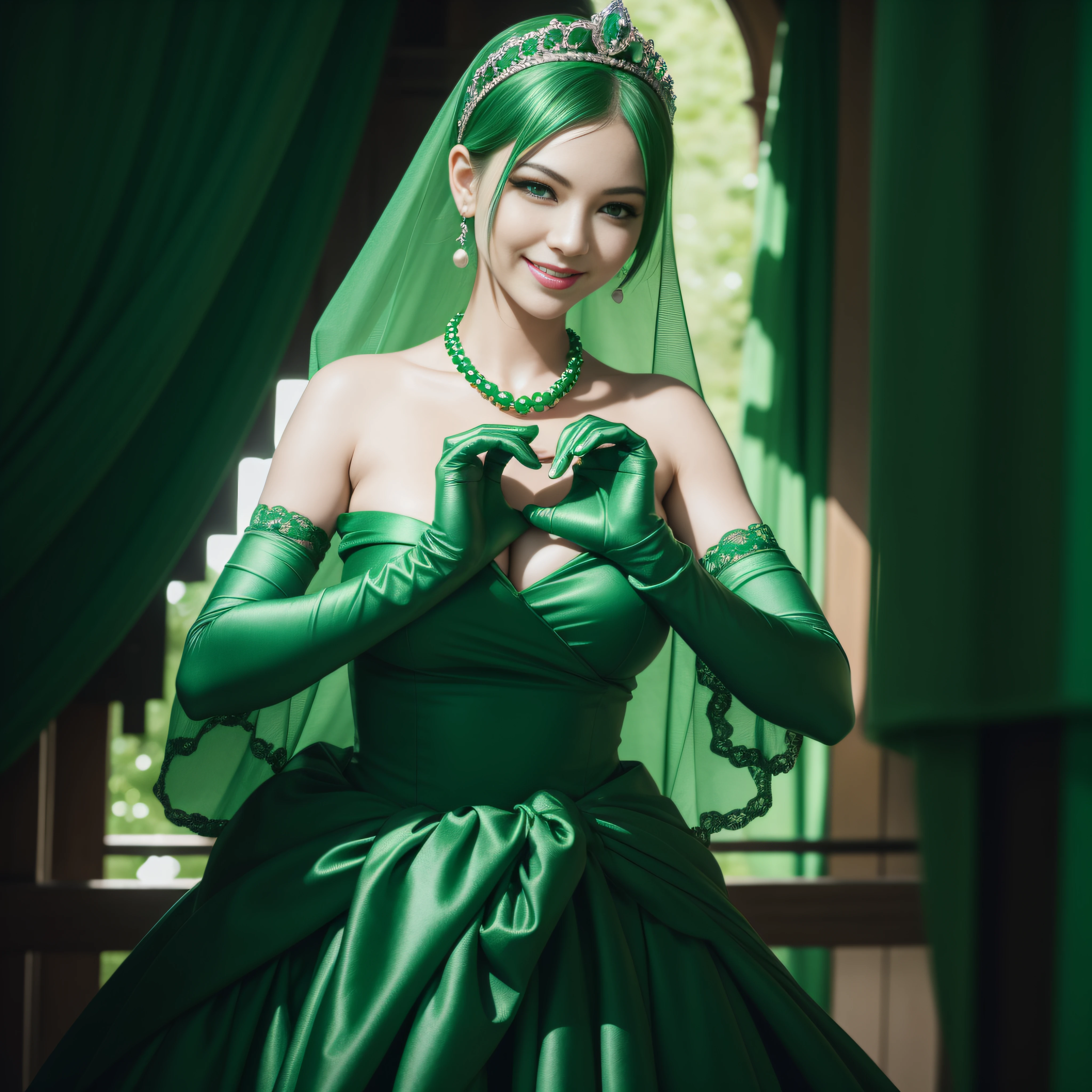 emerald tiara, Green Pearl Necklace, Boyish very short green hair, lipsticks, Japan woman smiling, very short short hair,  big breasts beautiful, Green eyes, Long green gloves made of satin material, Green eyes, Emerald Earrings, green vale, Heart with both hands,Green hair