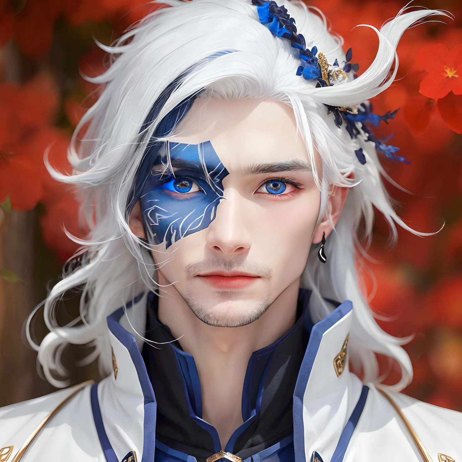 a close up of a person with a blue eye and a white hair, white haired deity,handsome guy, realistic, ultra details