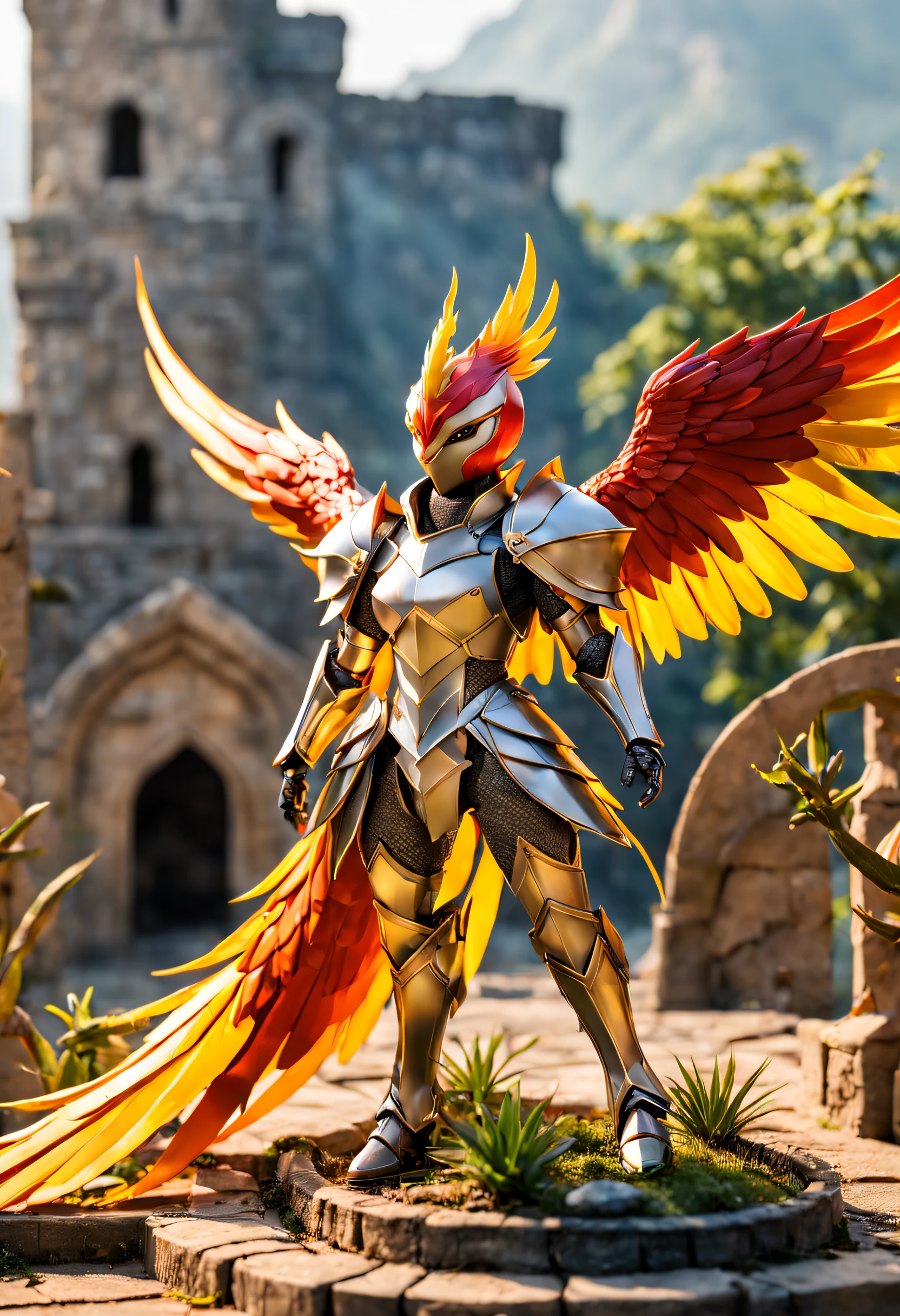 full body Esbian、Deformed Animals、Cool Phoenix、Knight Phoenix、Immortal Bird、Framing Phoenix、Bird-man、non-human、Knight Armor、diorama、symple background、Fortress background、​masterpiece, Best Quality, Capture super cute moments, depth of fields, ultra-detailliert, Ultra High Resolution, Octadale, 8K, 16 K