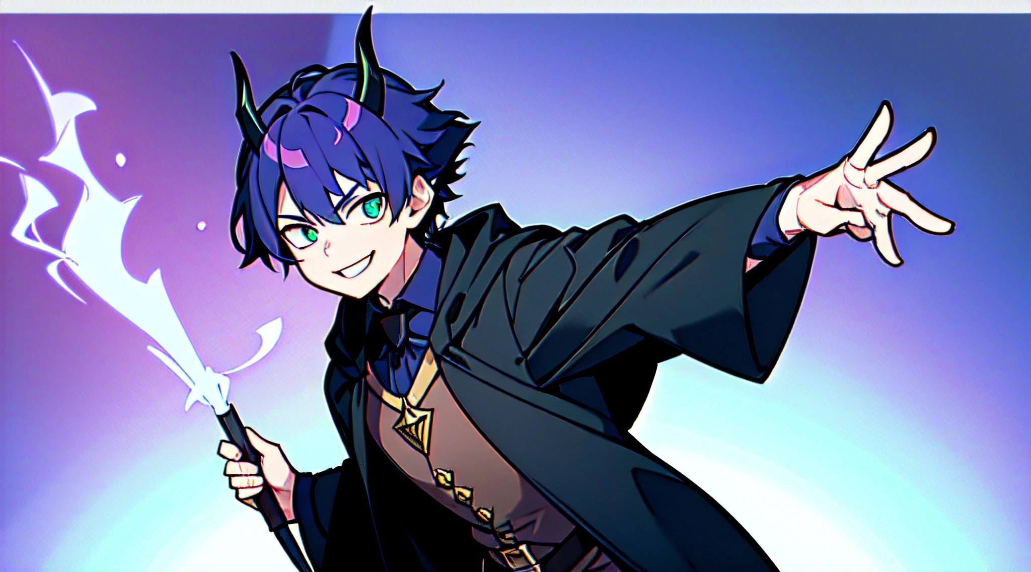 top-quality、​masterpiece、Boy with short purple hair、Green eyes、demonic horns、A smile、Harry Potter's black-robed outfit、Magic Pose、Thumbnail image、The background is solid blue.