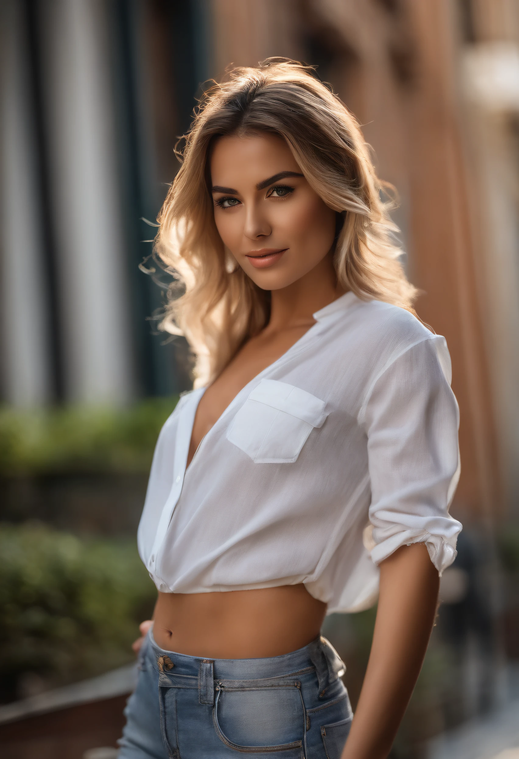 Beautiful 22-year-old Ukrainian-Italian girl. (Realista, high - resolution:1.3), 1 chica con un cuerpo perfecto, super fine face and eyes,Cabello largo, camiseta sin mangas sexy de colores aleatorios:1.2, Mini falda jeans, large, drooping chest,Exponer el escote. Cabello largo y rubio ondulado. Buen. Bolso de mano. collar. Infiernos altos. Caminando por la calle. Centro de Tokio. pose sexy. luz del sol. Sol natural.