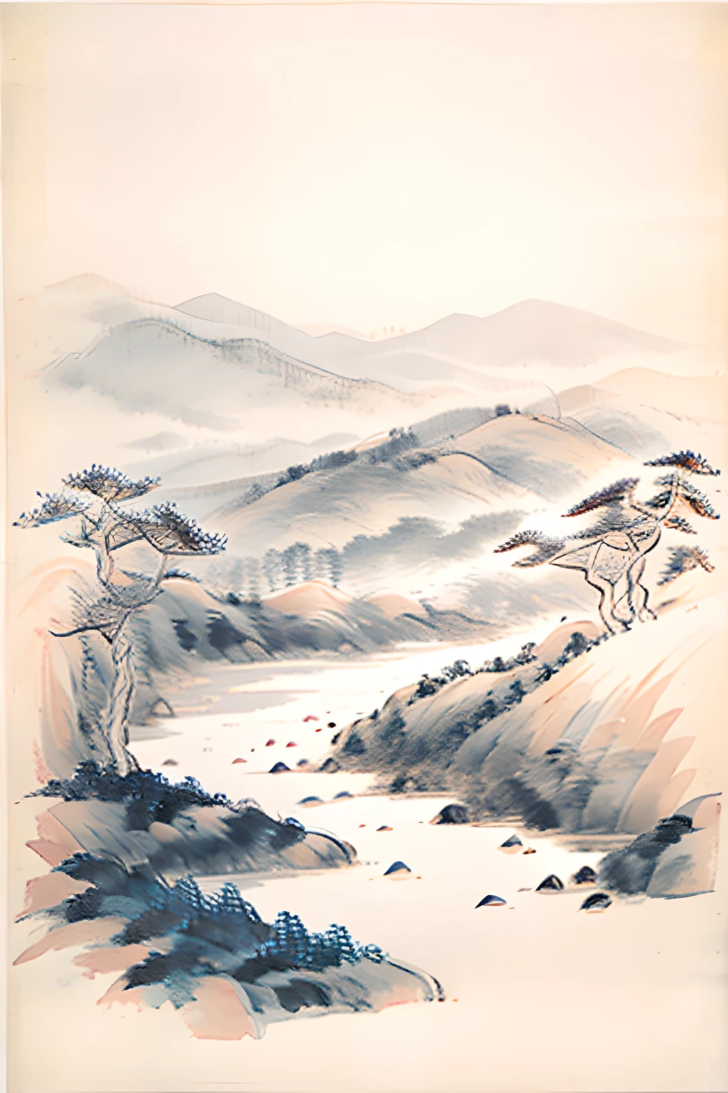 Ink landscape painting，off white，Advancedsense，mountain ranges，Eau，Yuzu tree