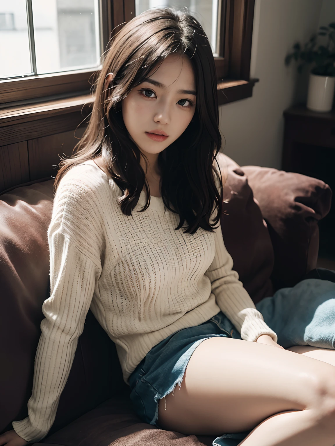 (masutepiece, Best Quality, photos realistic), 1girl in,Sitting on a cozy sofa, cross one's legs, Soft light、Longhaire、jpn