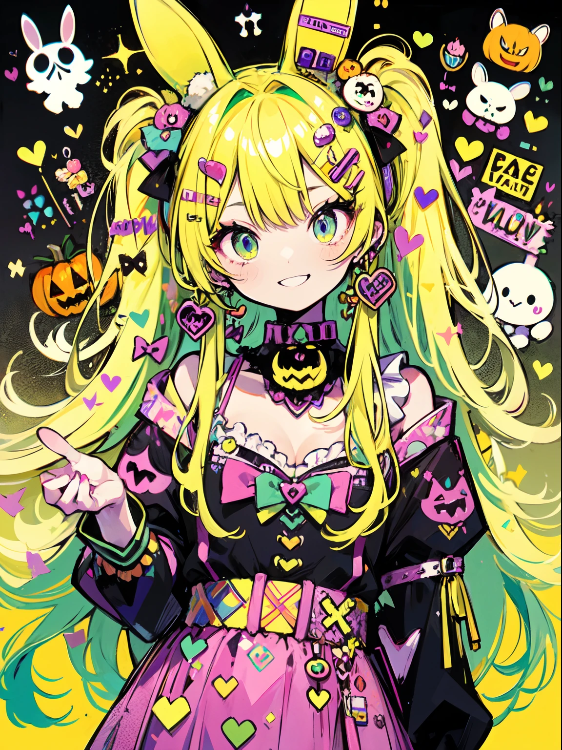 halloween theme, "kawaii, Cute orenge bunny girl in cute smile with teeth and holdinga halloween candy, poser, Adorable girl in orenge, neon orenge black, and baby lime color scheme. She wears halloween-themed clothing. Her outfit is fluffy and soft, With decora accessories like hair clips. She embodies a vibrant and trendy Harajuku fashion style."