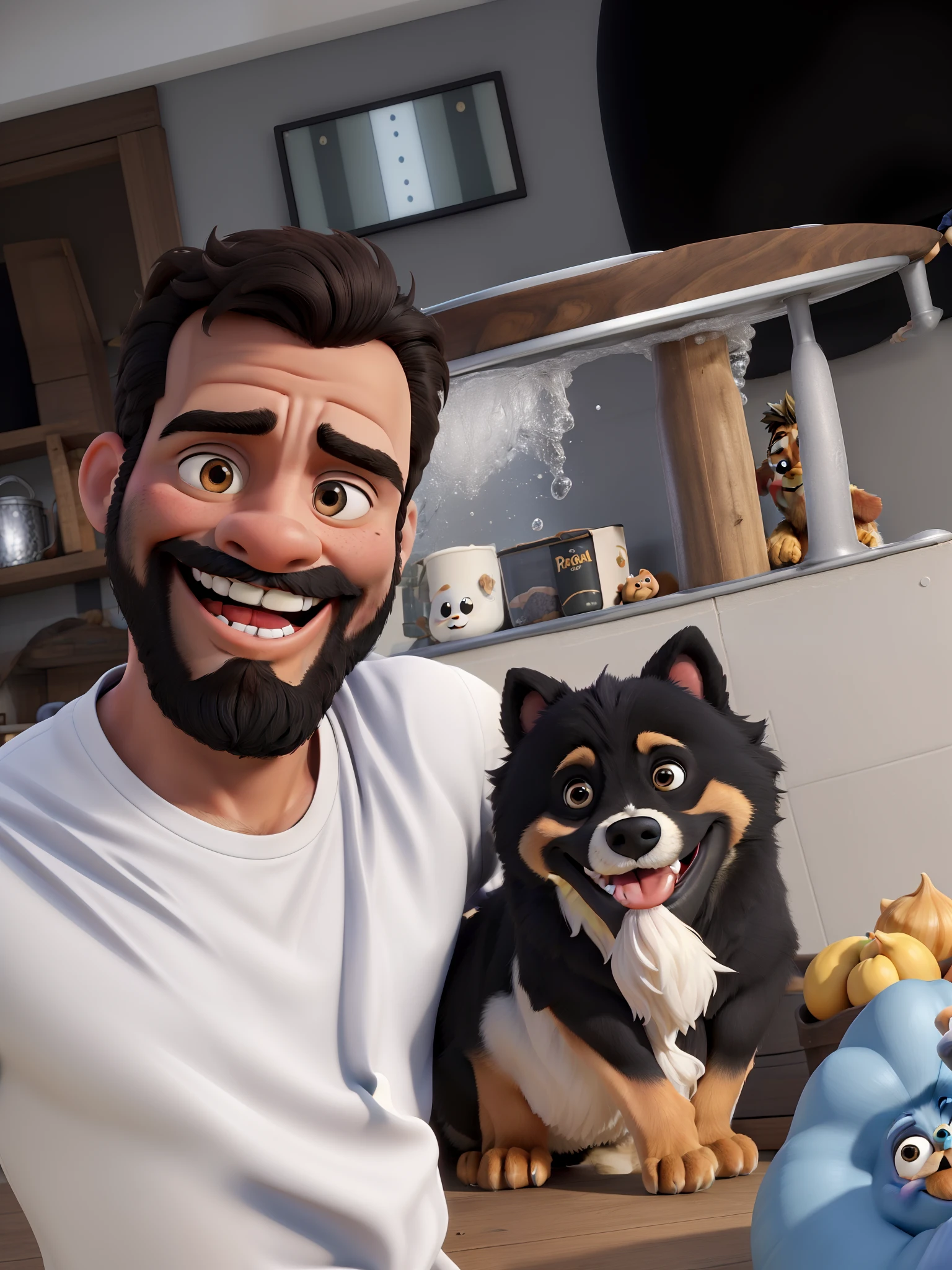Obra-prima, de melhor qualidade, a man with a smiling beard holding in one of his arms a dog of the Pomeranian Lulu breed of black color, com peito branco e patas caramelo. Estilo Disney/pixar..