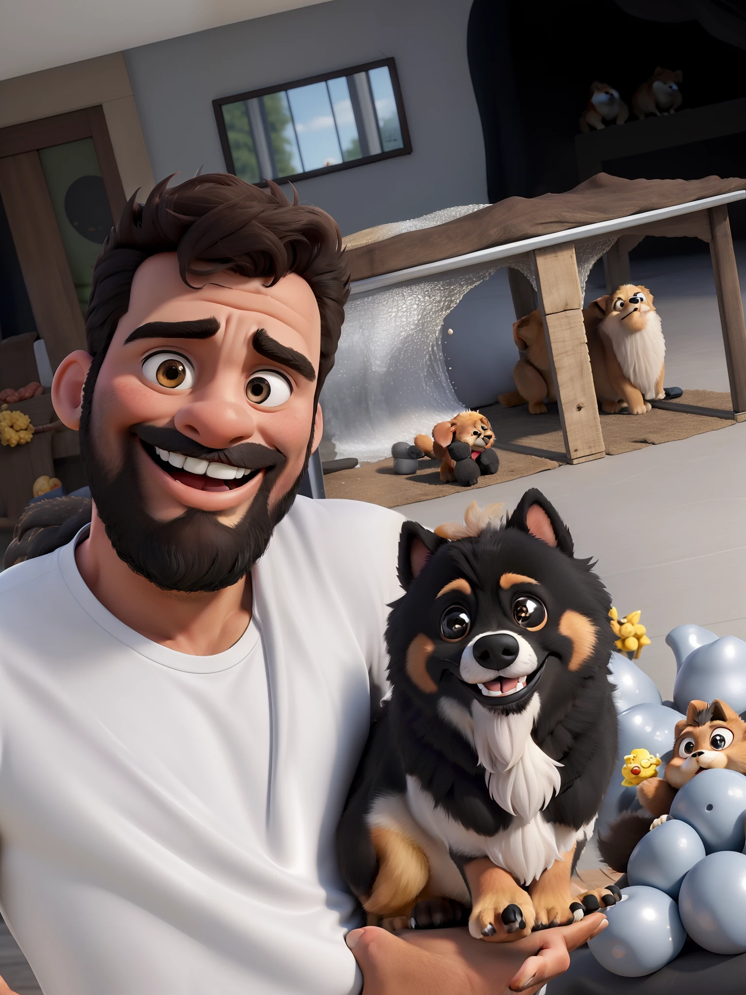 Obra-prima, de melhor qualidade, a man with a smiling beard holding in one of his arms a dog of the Pomeranian Lulu breed of black color, com peito branco e patas caramelo. Estilo Disney/pixar..