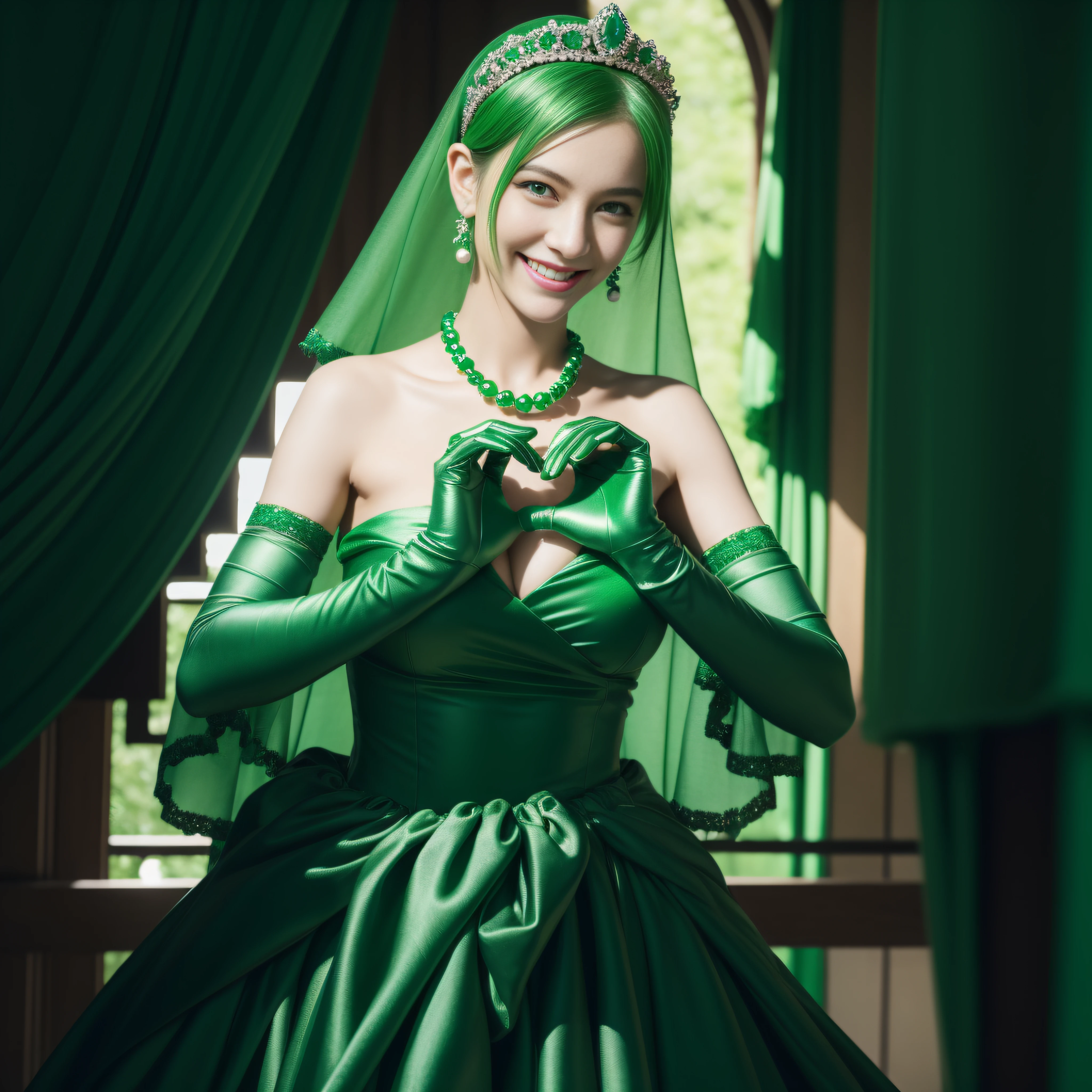 emerald tiara, Green Pearl Necklace, Boyish very short green hair, lipsticks, Japan woman smiling, very short short hair, big breasts beautiful, Green eyes, Long green gloves made of satin material, Green eyes, Emerald Earrings, green vale, Heart with both hands,Green hair