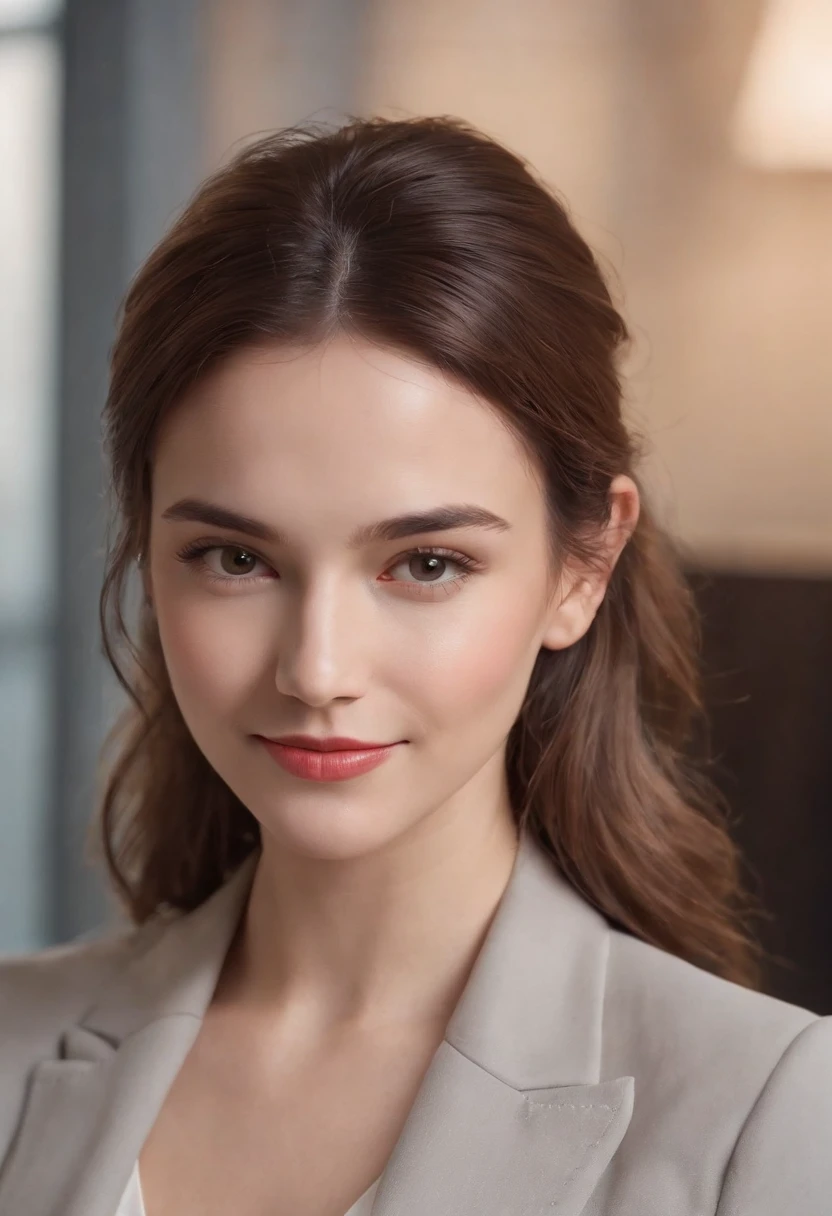 Cinematic portrait , Smiling, Facing the audience,Frontal photo of the upper body，The character is centered (reality :1.3), European and American women look at the camera, Put on an office career suit, Detailed beautiful face, Action shooting, office backdrop,Realistic photos, Art Station Movie Lighting:1.2， 8K, High-density imaging，Master masterpieces