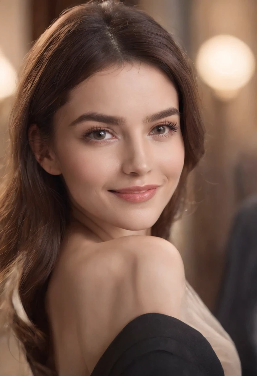 Cinematic portrait , Smiling, Facing the audience,Frontal photo of the upper body,The character is centered (reality :1.3), European and American women look at the camera, Put on an office career suit, Detailed beautiful face, Action shooting, office backdrop,Realistic photos, Art Station Movie Lighting:1.2, 8K, High-density imaging,Master masterpieces