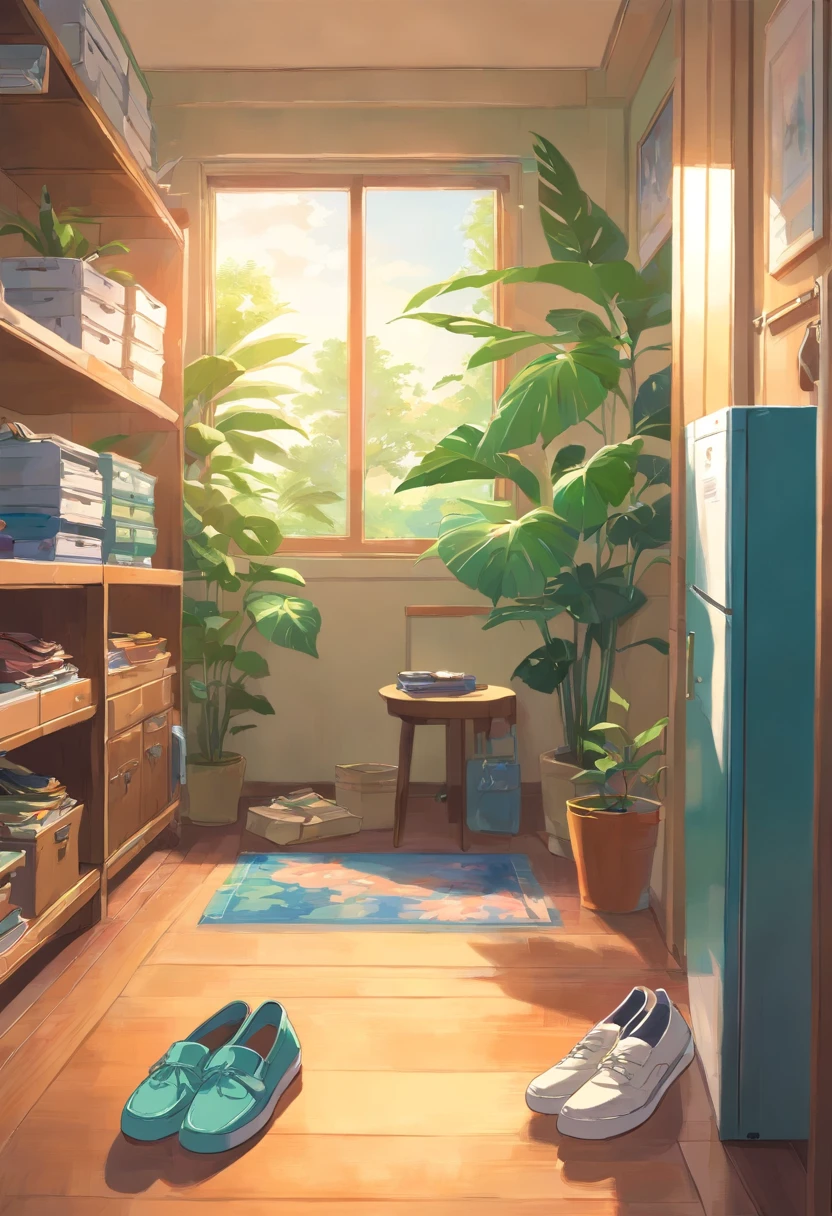 In the large bright living room，locker：1.4，It's full of shoes，There are slippers on the carpet，Next to it is a pot of monstera