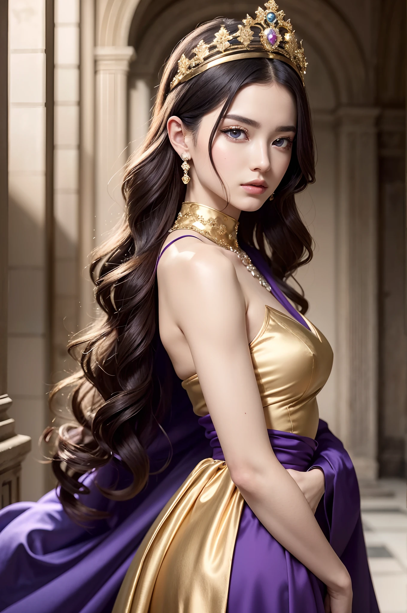 Absurd, Ultra-detailed, High quality, masutepiece,  Detailed face, Beautiful eyes(Detailed eyes), Greek mythology, Goddess, hera , Deities々Queen of, Impressive and captivating, The characteristics are classically beautiful, with high cheekbones, A perfectly proportioned face, Eyes depicted as large and seductive, Hold a strong gaze, Golden hair , Goal hair is rich and flowing, Flowing down her back like a wave , Wearing an elegant robe decorated with intricate patterns , Her beauty is not superficial、Embodying the essence of power, Authority, And majesty,The color of the dress is purple,The background is a castle with gorgeous ornaments,