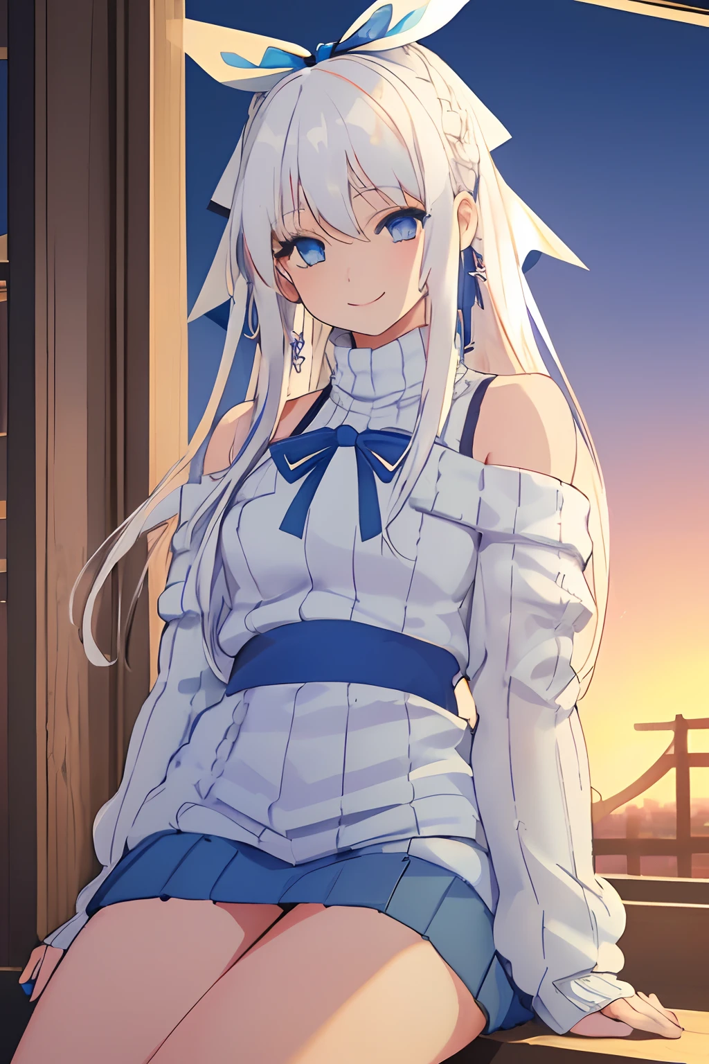 Chica anime, ((Masterpiece), (Best Quality)) (super detailed), ((((solo)))), fullbody, ((((white hair)))), long hair, ((((blue hairribbon)))), ((((blue eyes)))), smile, 18yo, Cold-Shoulder Sleeves, (((sweater))), mini skirt, sleeves_past_wrists, sunset, cafe, in the tokyo, autumn