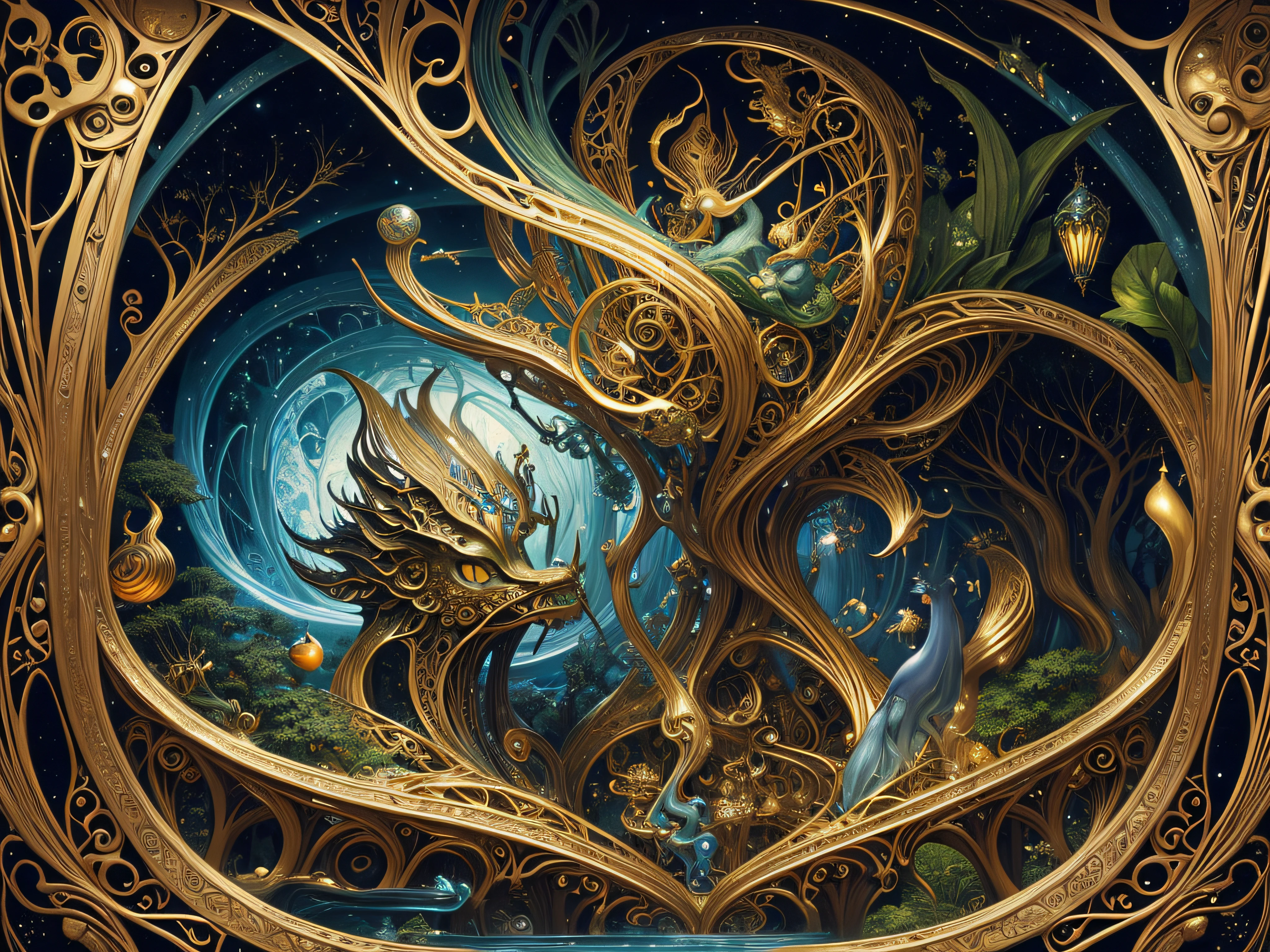 high quality, highly detailed, fantasy, At the forefront of this enchanting scene stands a fantastical creature, a harmonious fusion of the whimsical beings imagined by Hieronymus Bosch and the organic fluidity found in Michael Parkes art nouveau lines, biomechanical aesthetic seamlessly integrate into the cosmic tableau, awesome full color,